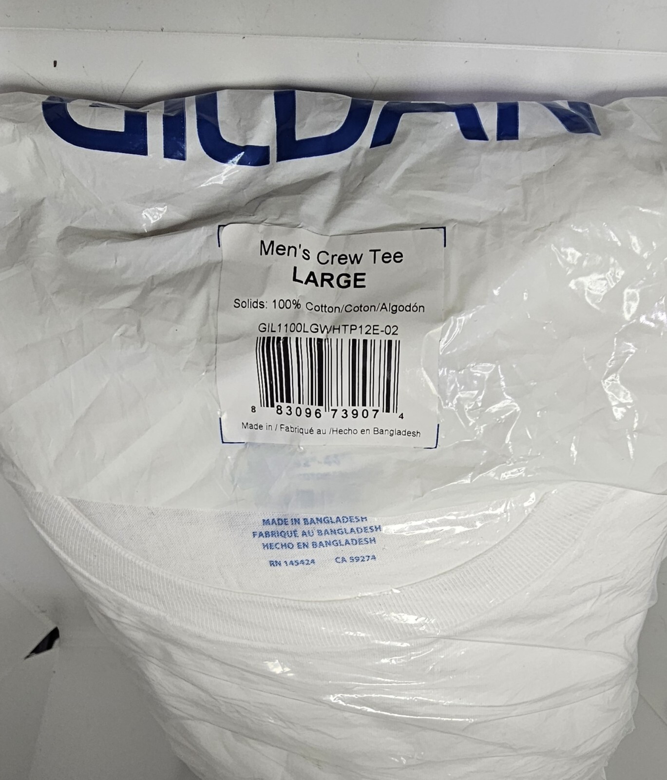 Men’s Undershirts,Size L Crew T-Shirts, Multipack, Style G1100 12 pack.