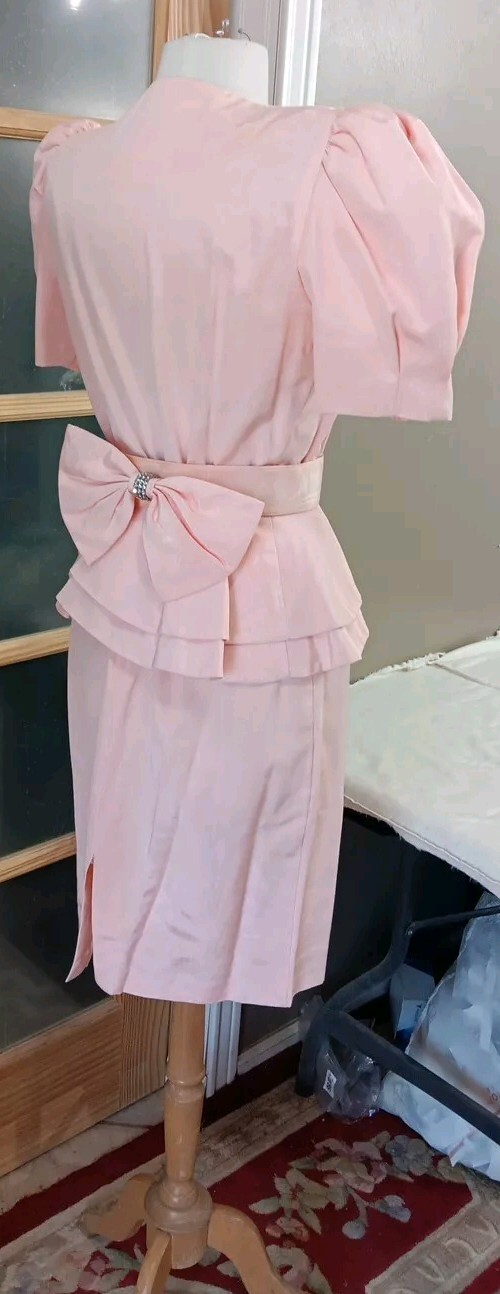 Vintage 80s Skirt Set Pretty In Pink Peplum Belt Bow Puff Sleeve Pantagis Sz 12P