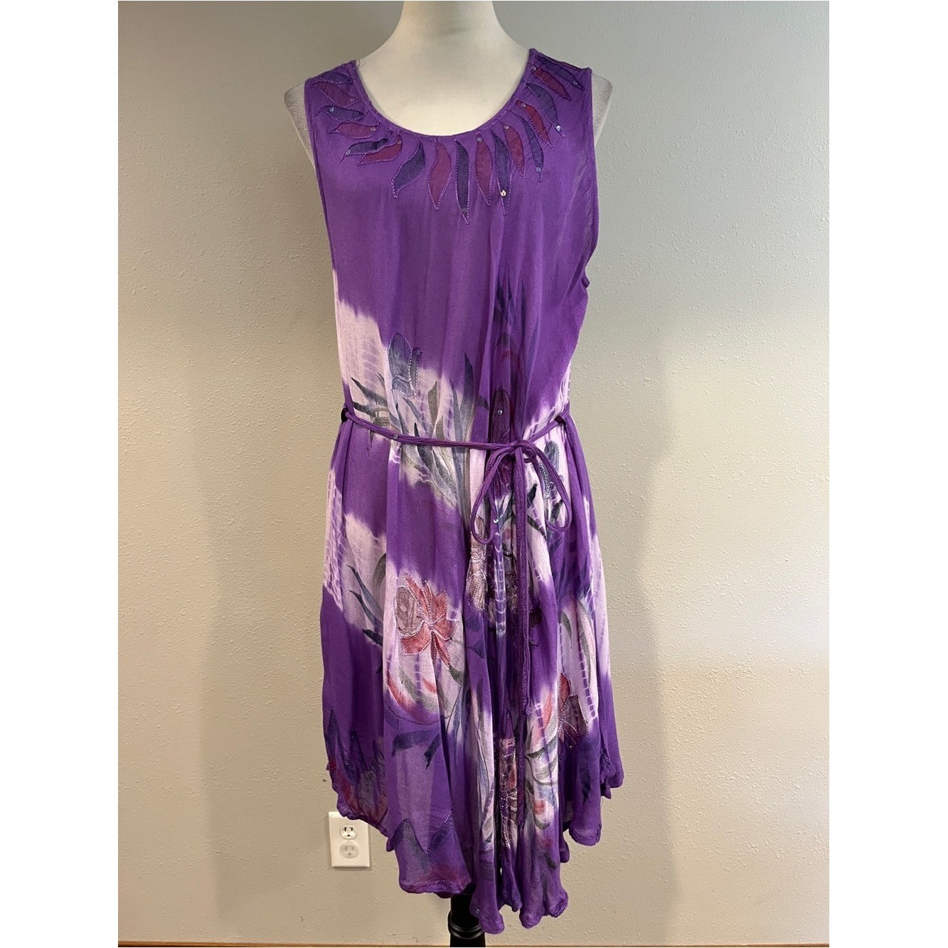 Purple Floral scoop neck sleeveless tie dye one size a-line swing dress