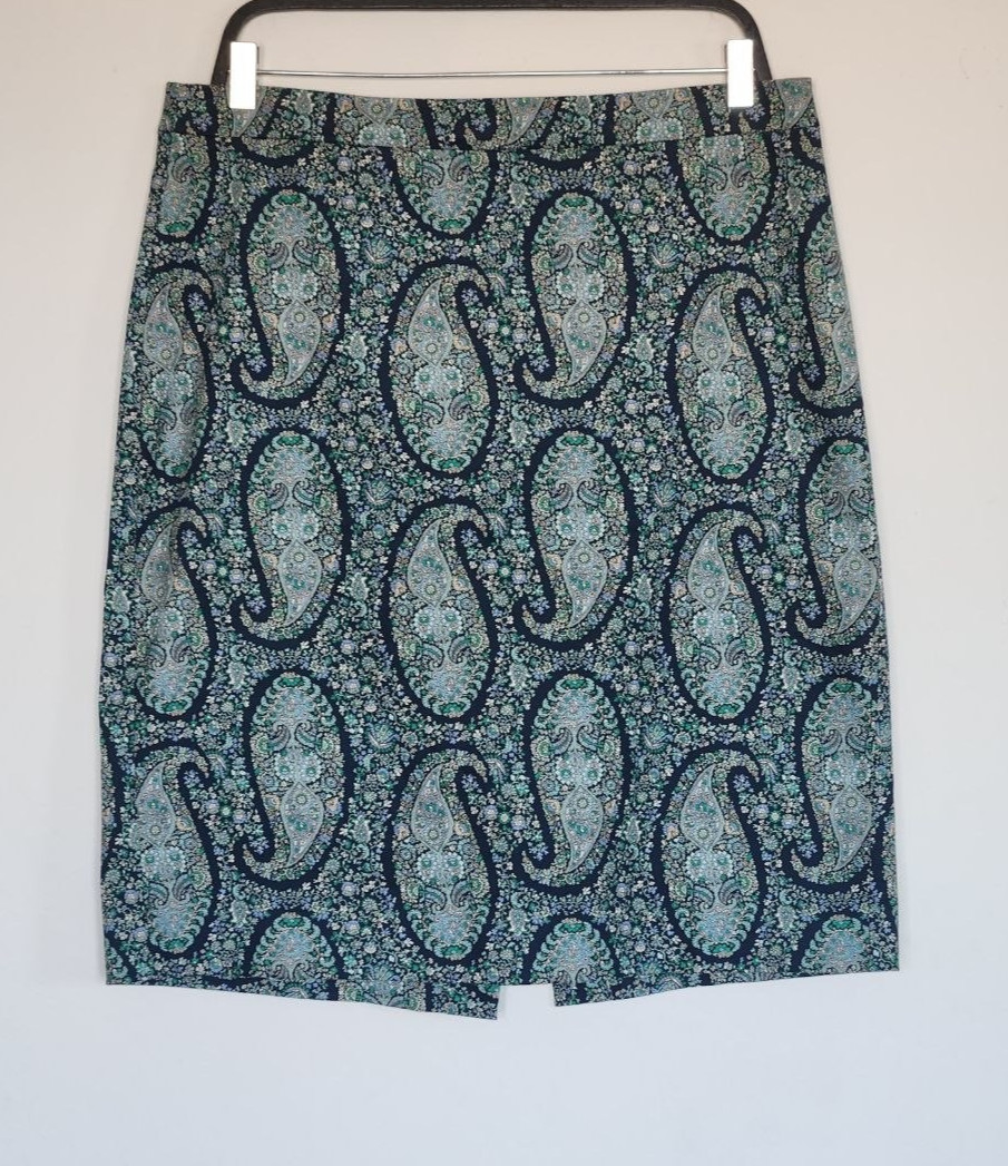 J Crew Pencil Skirt Paisley, Size 12, Cotton, Navy Teal Green +, Orig. ~$90!