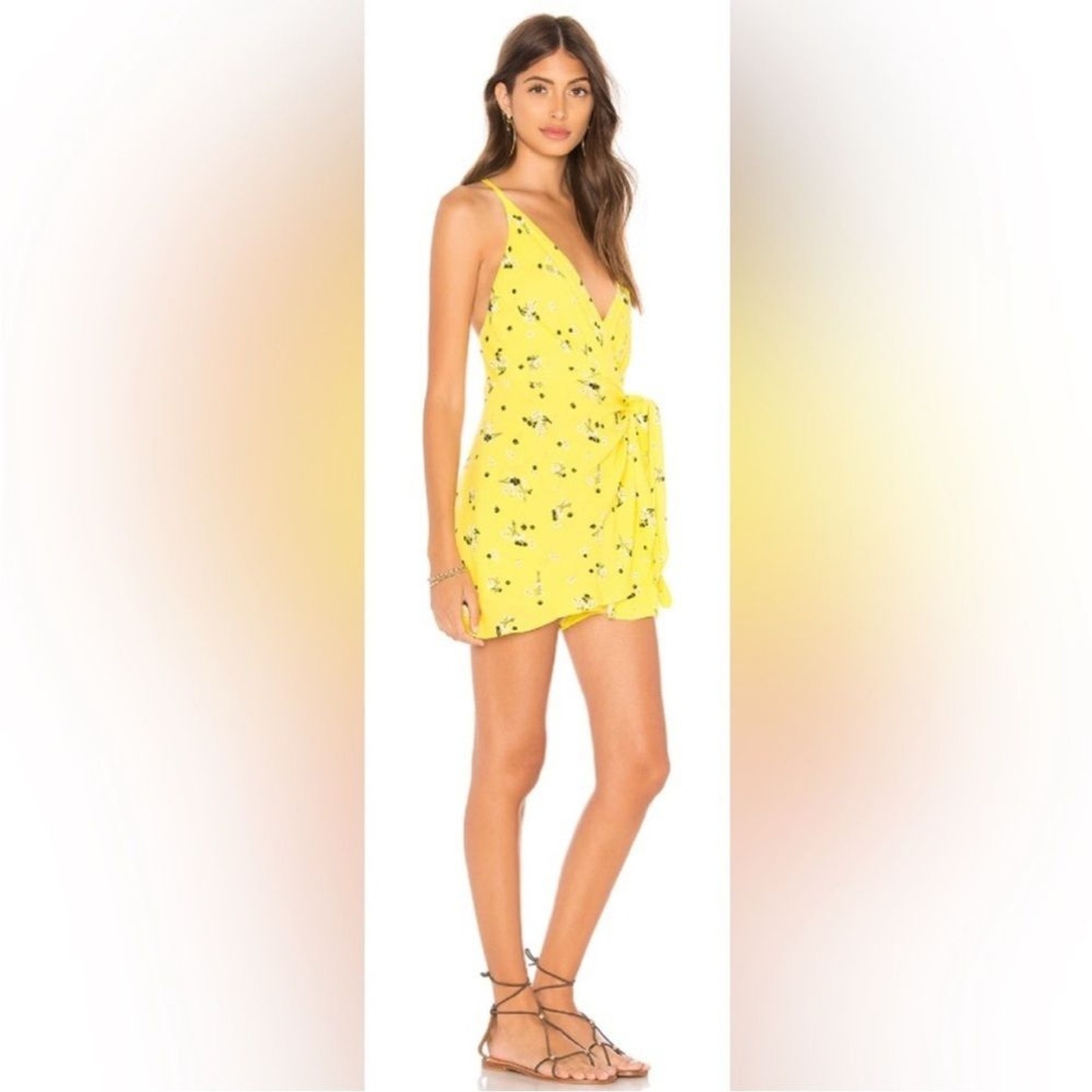 Free People Electric Yellow Floral Tango At Night Romper Size 8
