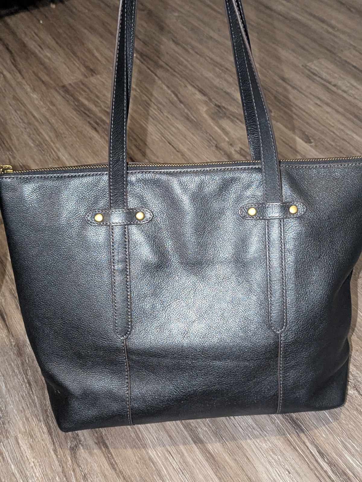 Fossil Felicity Black Leather Tote SHB1981001 Shoulder Bag Purse Brass Accents