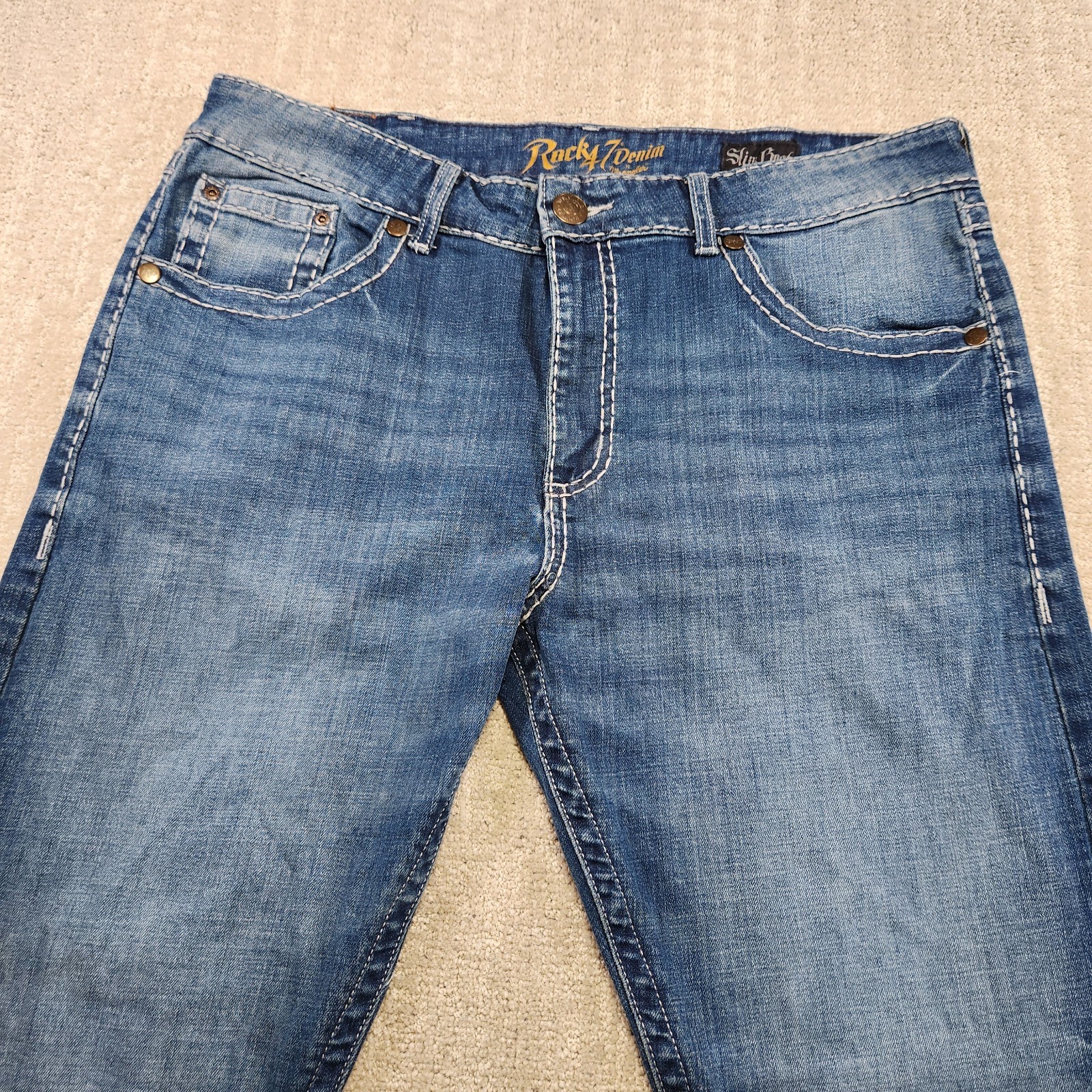 Wrangler Rock 47 Jeans Men 38×32 Bootcut Thick Stitch Denim Cowboy Rodeo Western