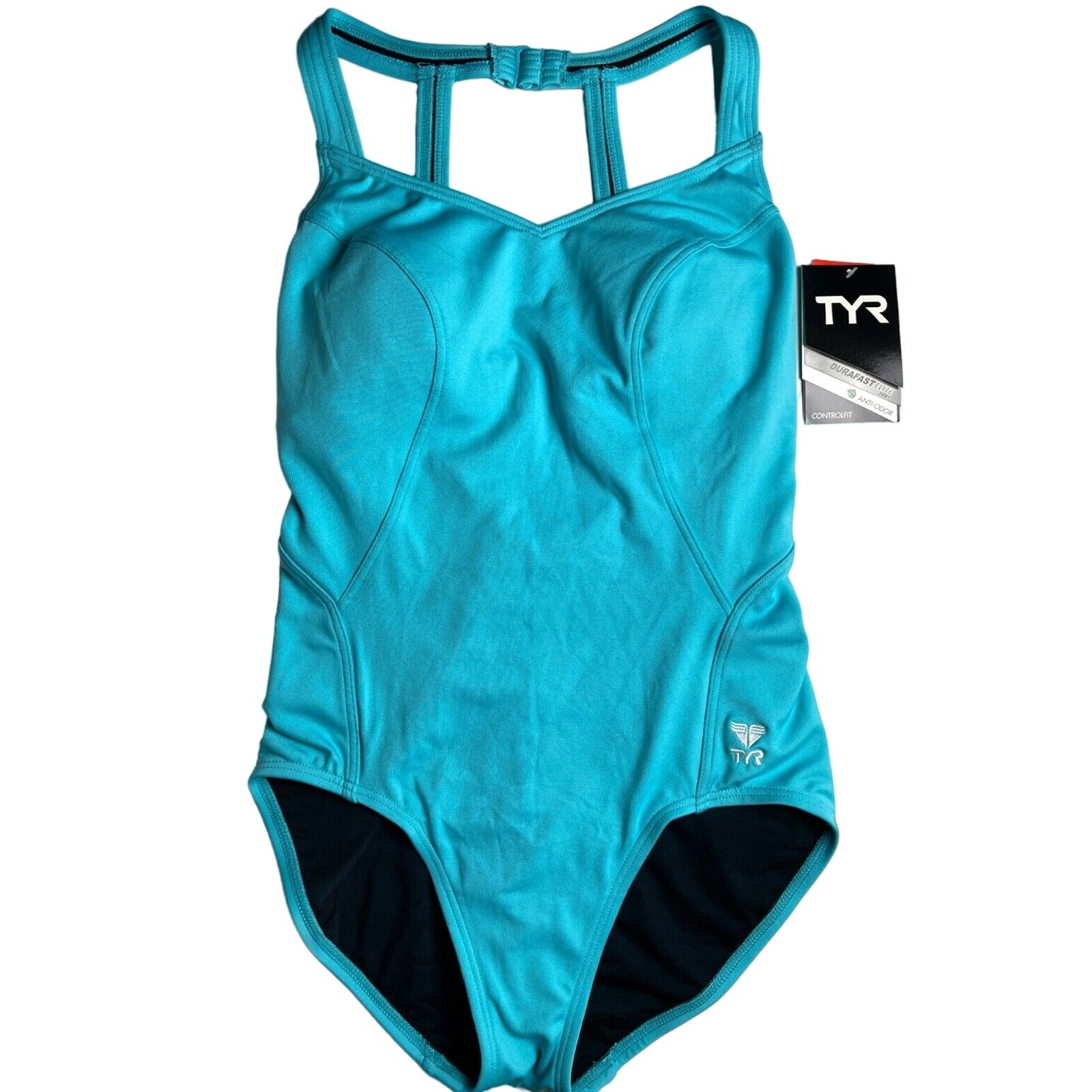TYR DuraFast Elite Solid Halter ControlFit 1pc Swimsuit Aqua Blue – Size 8 $75