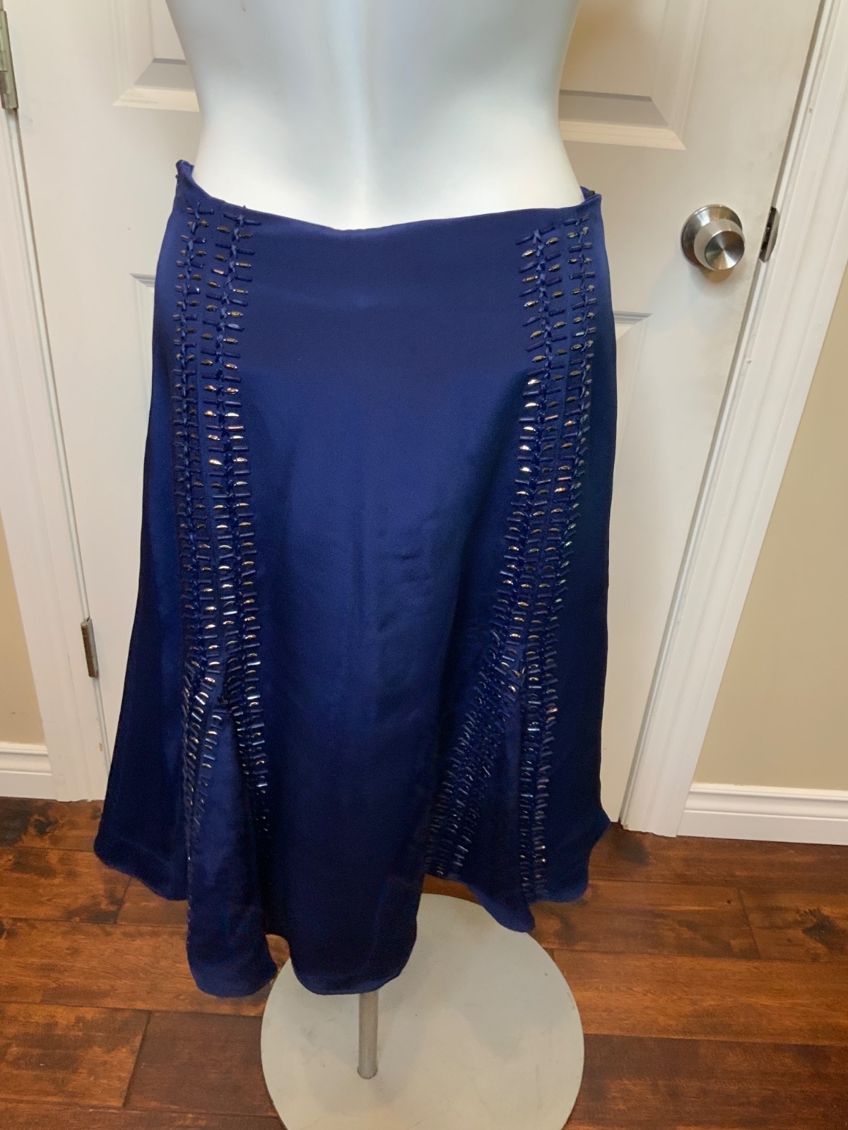 Charles Youssef Navy Blue Satin Silk Beaded Trumpet Skirt NWT $695, Size 6