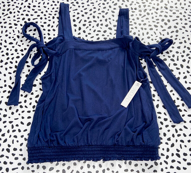 NEW NWT ABOUND TIE STRAP COLD SHOULDER NAVY BLUE ELASTIC TRIM BUBBLE TOP SZ L