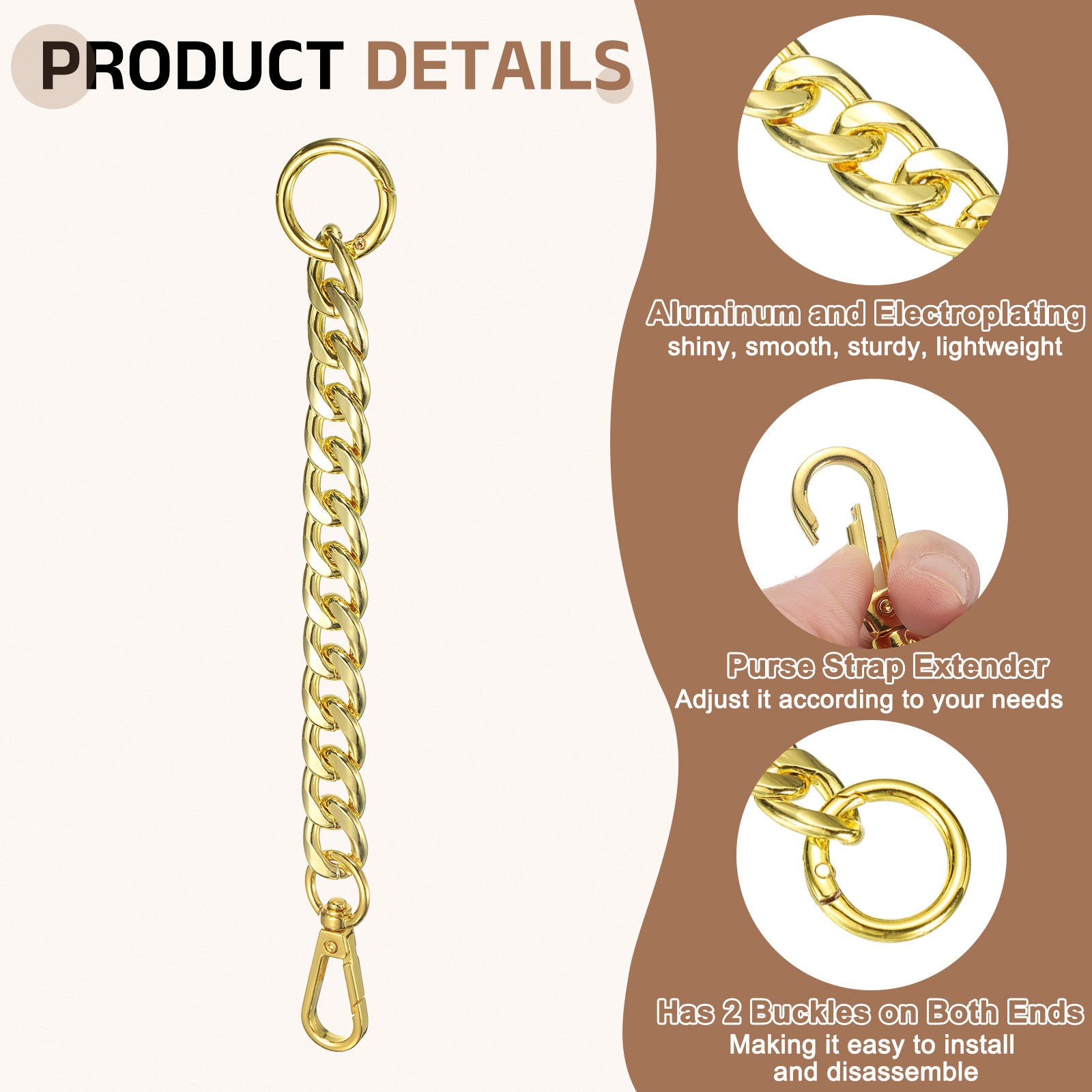 2Pcs Purse Strap Extender 8.7-Inch, Bag Extender Chain Yellow Gold, 0.6 Width