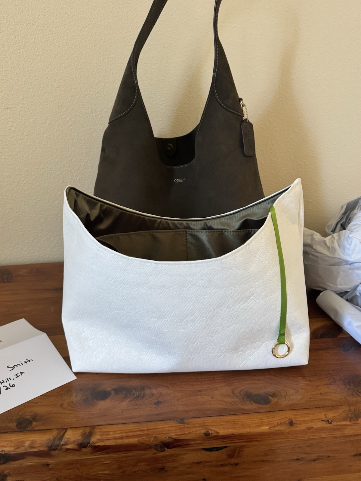 Coach Olive Suede Brooklyn 39 Shoulder Bag Gold Hardware Magnetic Close.