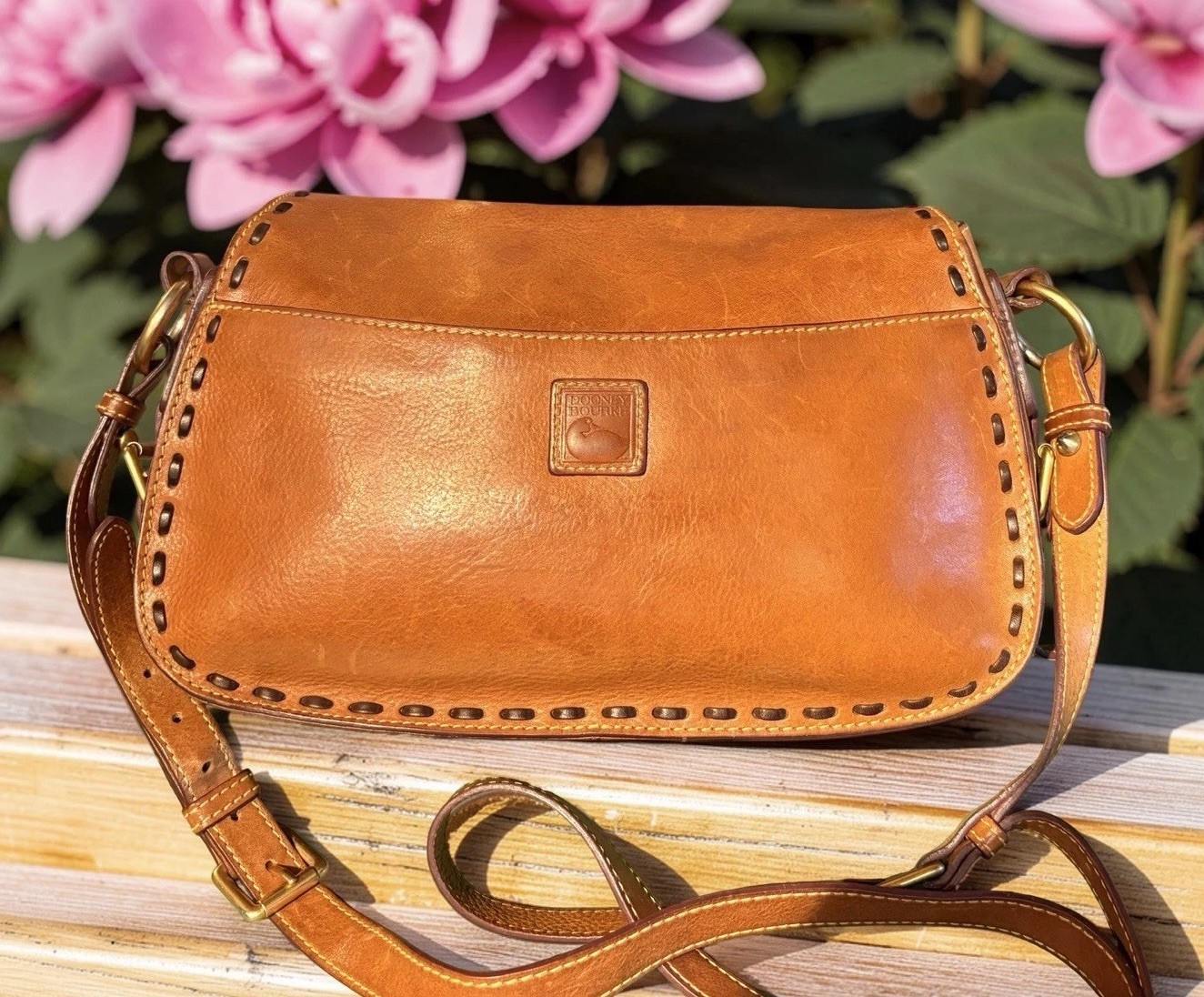 Dooney Bourke Brown Florentine Vacchetta Leather Saddle Messenger Shoulder Bag