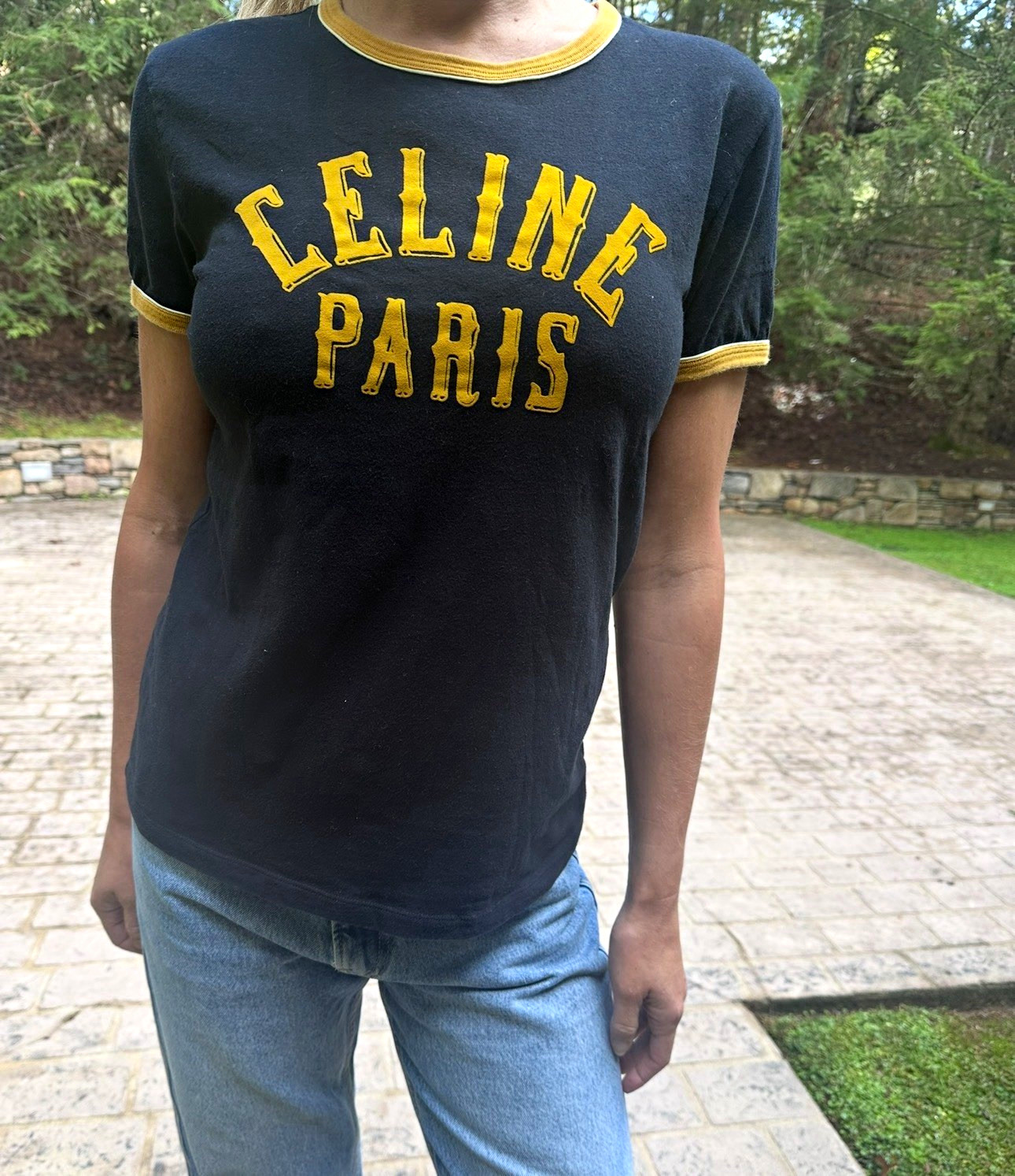 CELINE Women’s Black/Gold Logo Graphic Ringer Crew Neck T-Shirt Size S