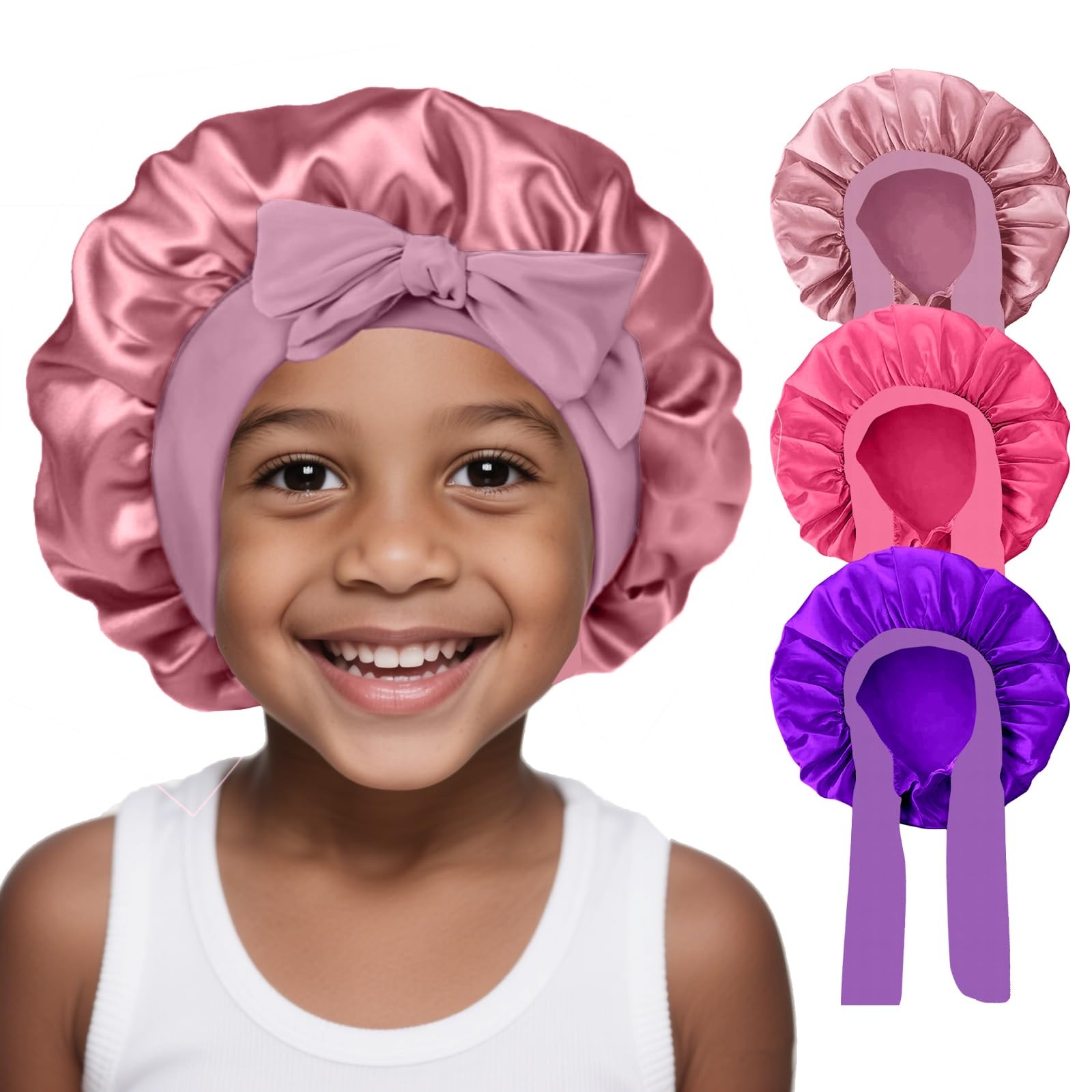 3 Pack Kids Silk Satin Bonnets Toddler Caps for Sleeping Curly Hair Boys Girls..