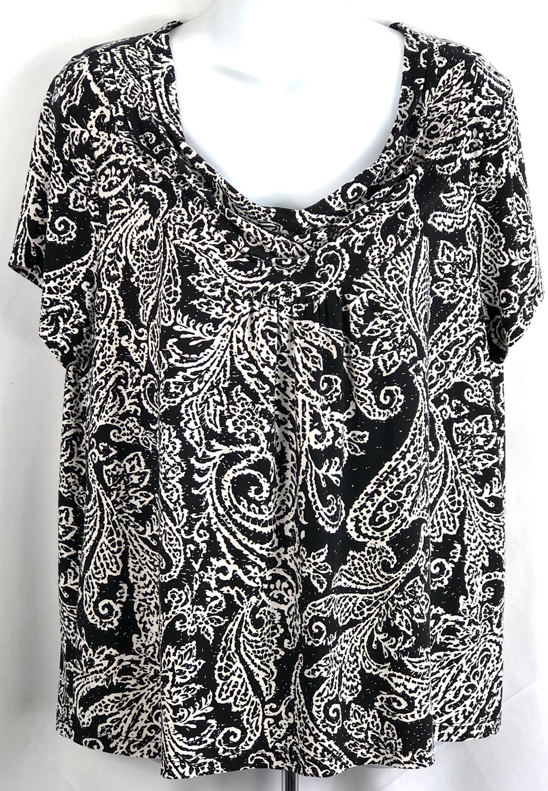 Vintage Rafaela Top XL Blk/Wht Geo Draped Cowl Neck Pleated Y2K Office Boho