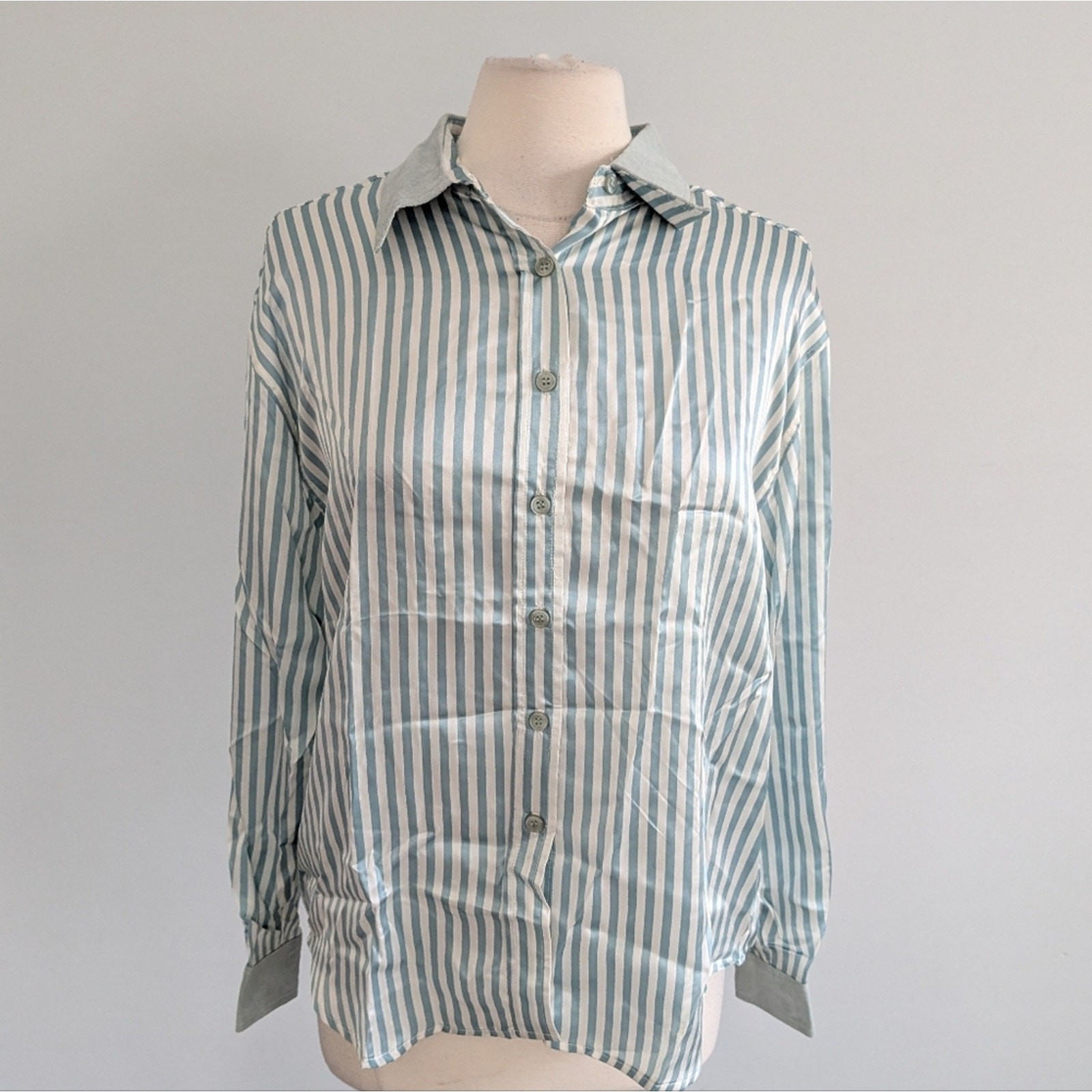 Women’s Braefair Silk Leather Collar Button Down Blouse XL Mint Cream