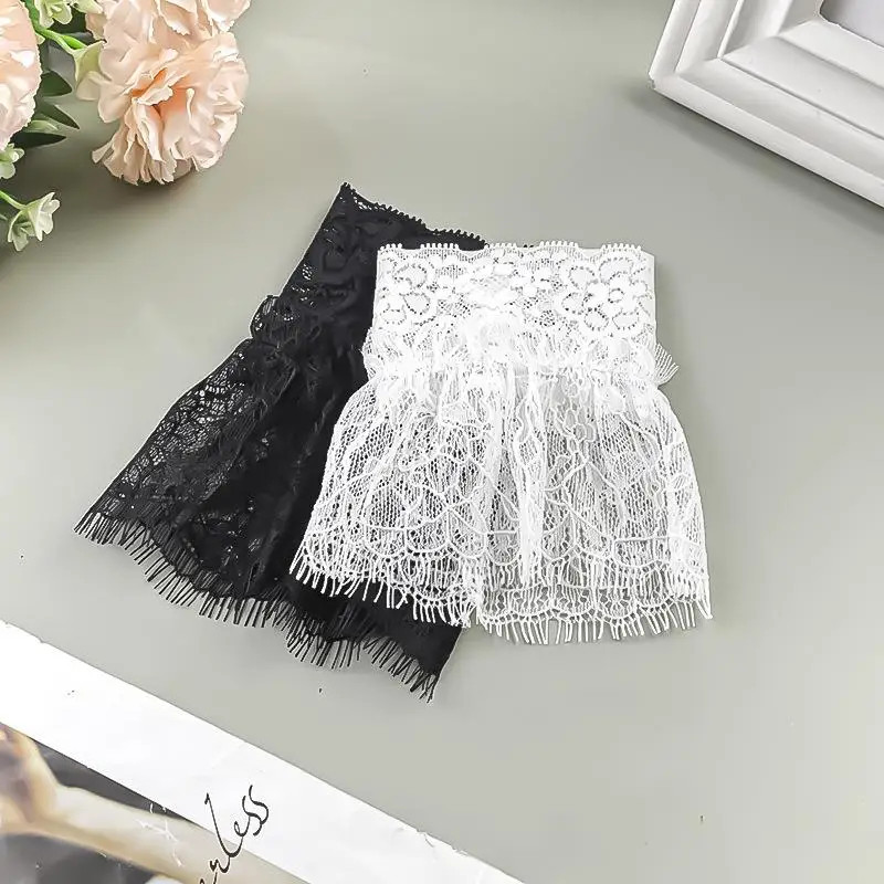 Women Fake Arm Sleeves with Short Tassels White and Black Pleated Cuff Beautiful