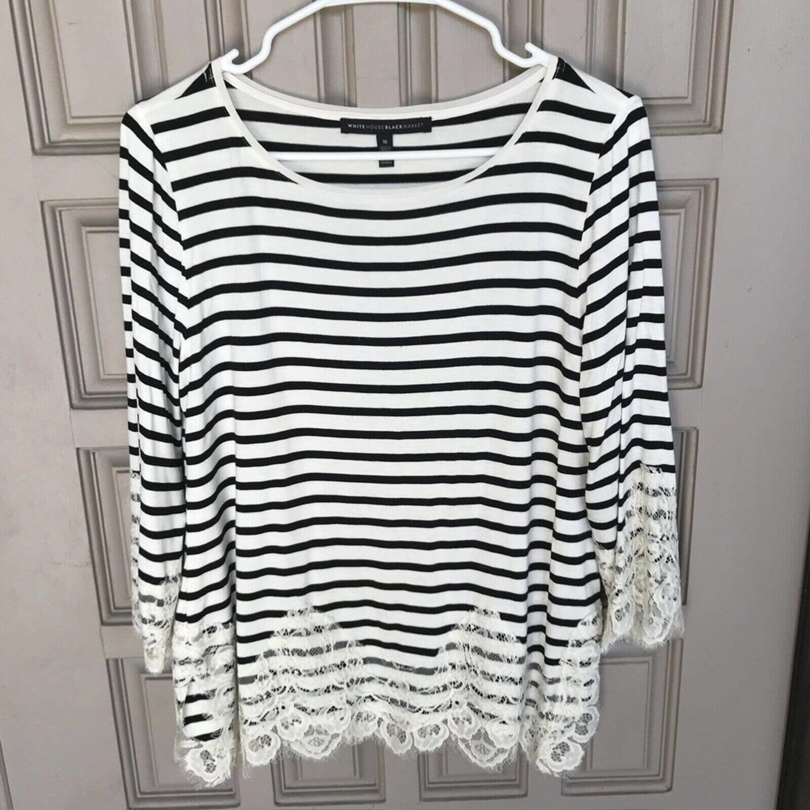 WHBM Top SzM Blk/Wht Stripe Lace Embellishment Boat Neck Used