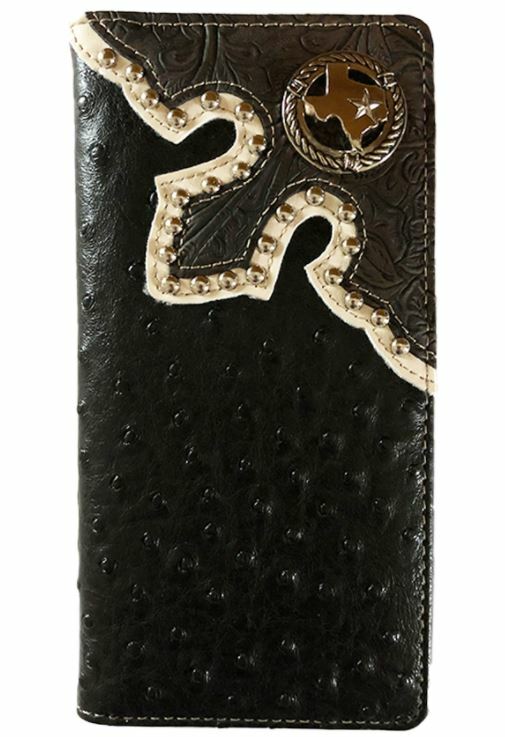 Texas State Mens Wallet Western Bifold Check Book Style W039-32 Ostrich Black