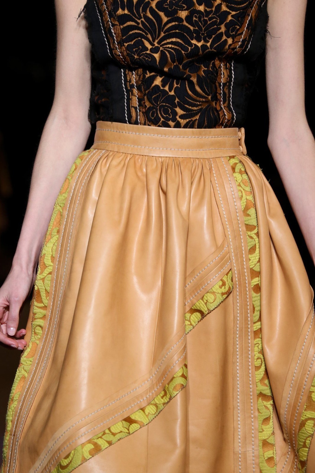 PRADA S/S 2015 RUNWAY Tan Nappa Leather Floral Jacquard Trim Skirt IT38/US4 NWT