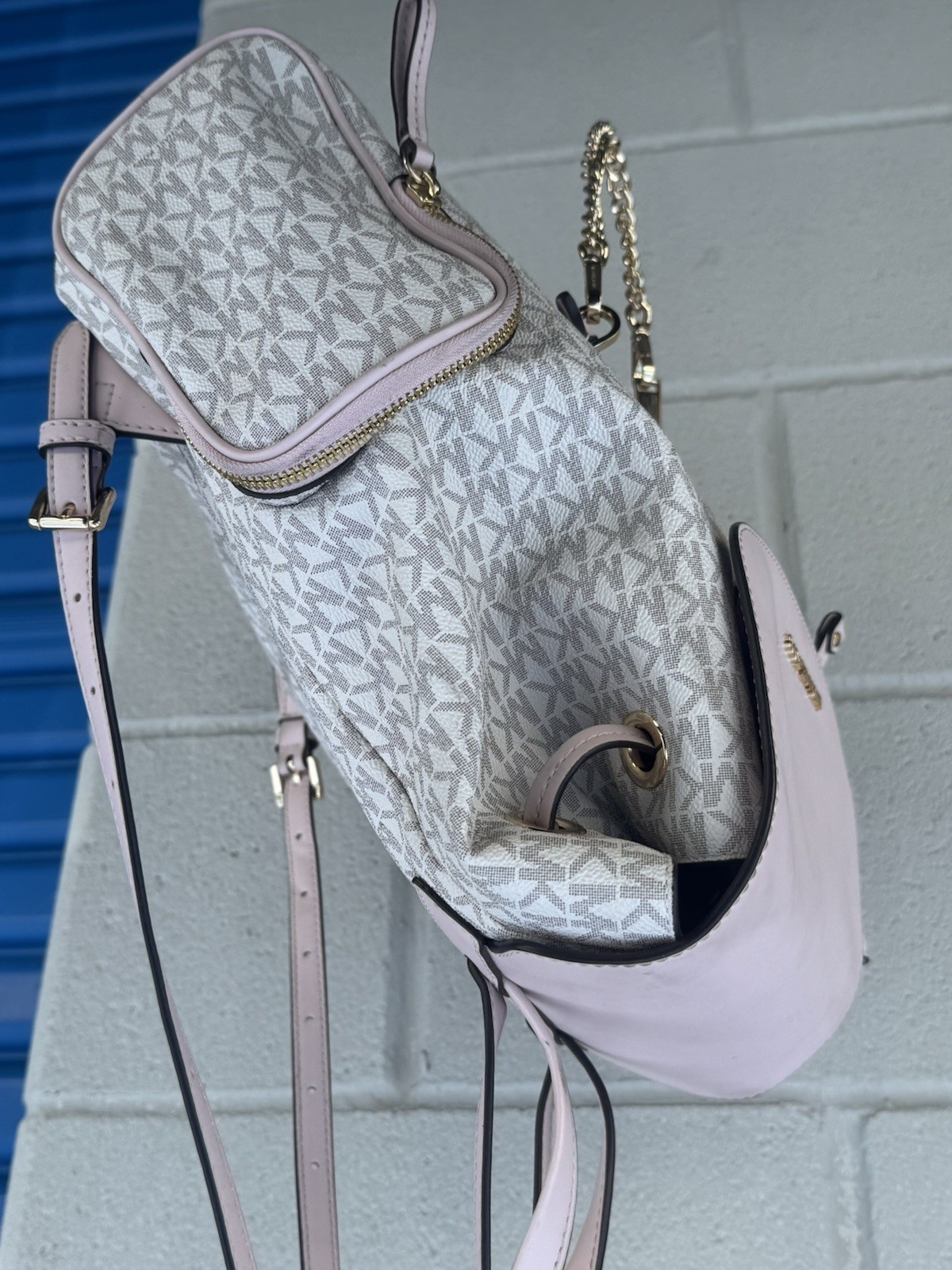 Michael Kors Logo Pattern Backpack Gray/Pink Gold Hardware Drawstring Pockets