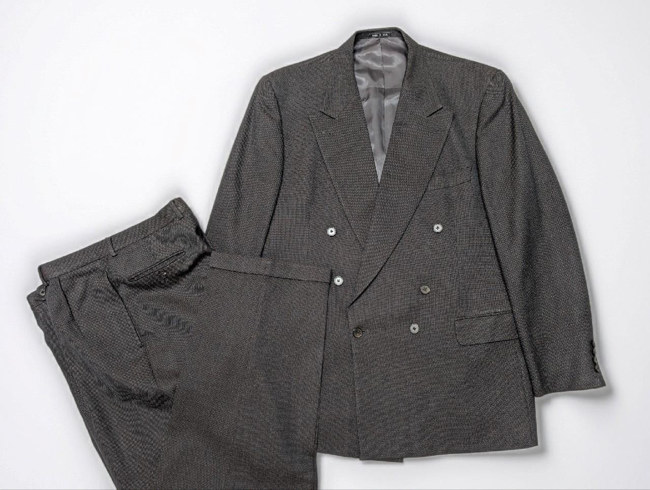 vintage USA made 2PC SUIT double breasted 42L 36×34 wool 1990s brown nailhead