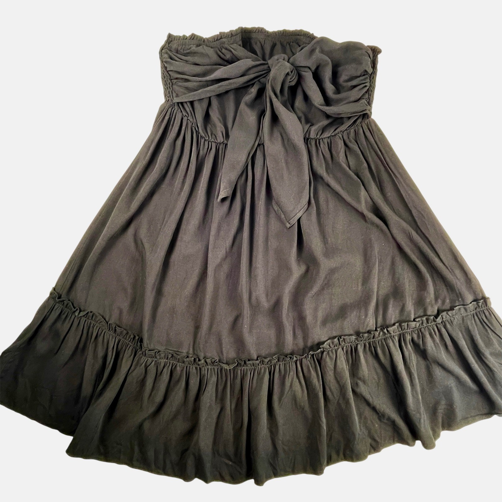 BellanBlue Black Strapless Tie Front Mini Dress Ruffle Smocked Boho Sun Dress L