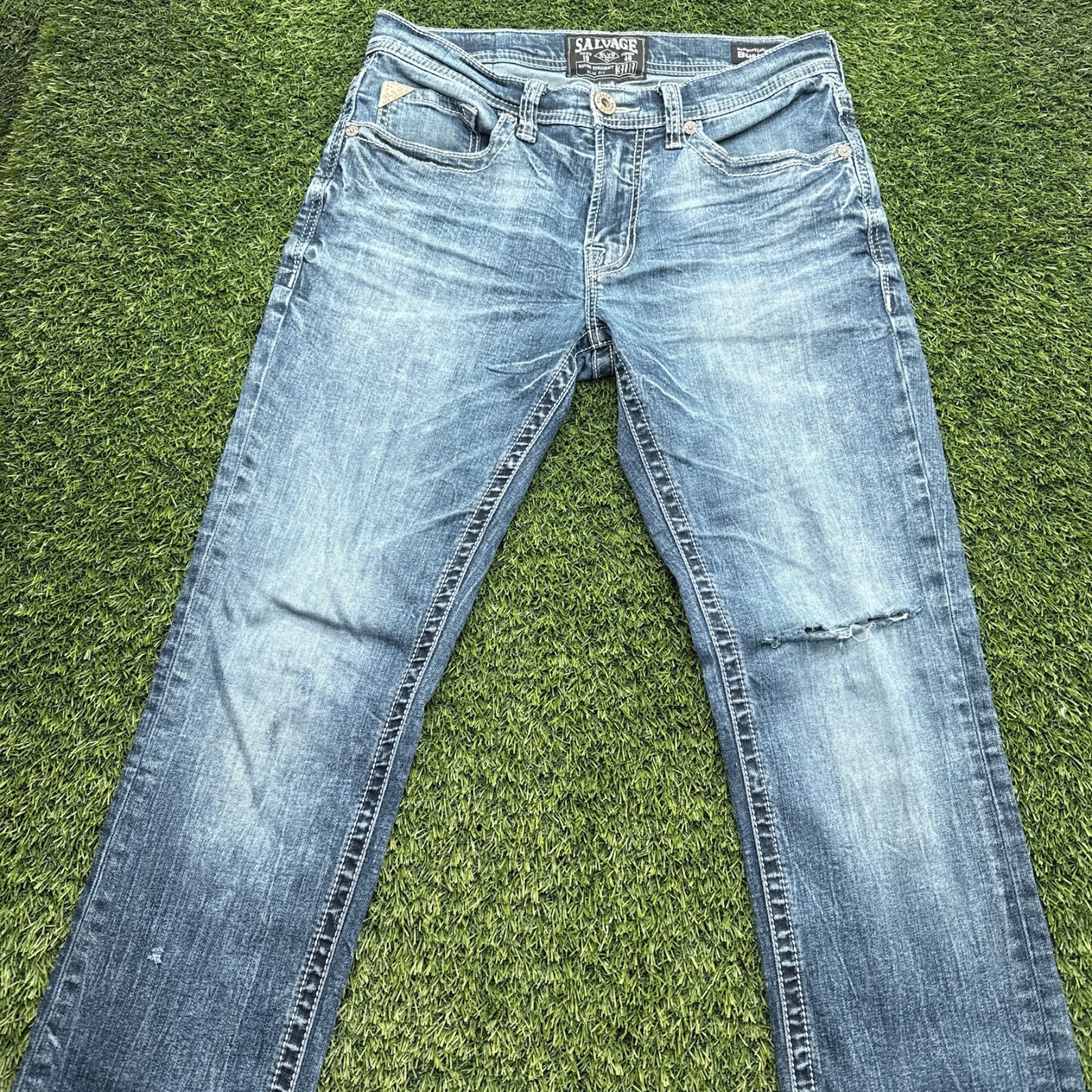 Salvage Havoc Slim Straight Jeans Mens 31×32 32R Blue Denim Distressed