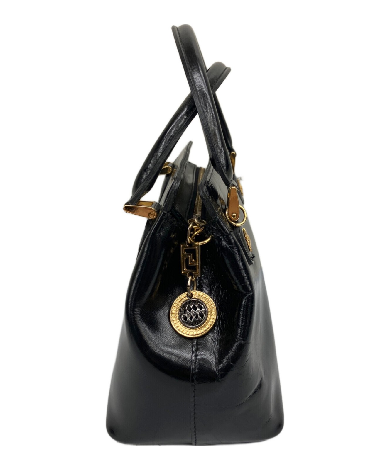 Gianni Versace Women’s Black Leather Top Handle Handbag Gold Medallion Auth