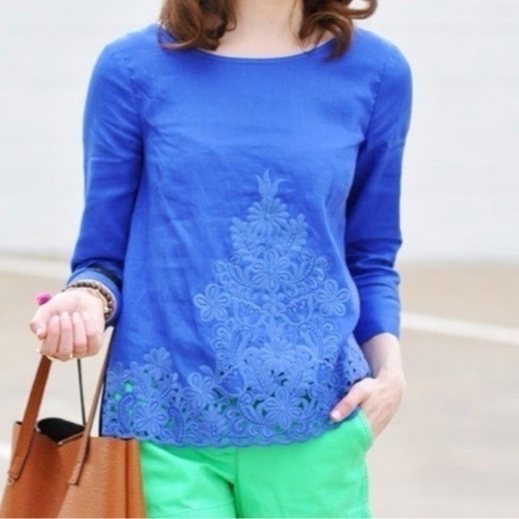 J. Crew Women’s Royal Blue Embroidered Linen Blouse Top Size 4 3/4 Sleeve Floral