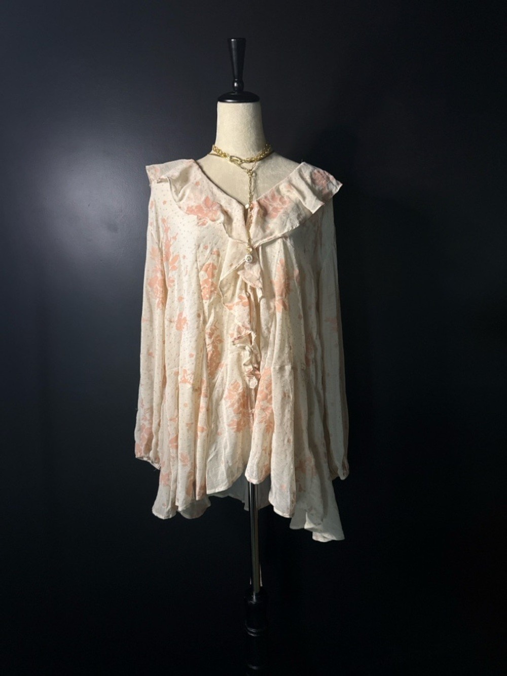 Free People Peach Floral Ruffle Tie-Front Blouse
