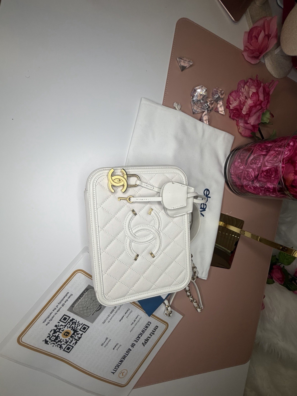 Authentic Chanel CC Filigree Vanity Case White Caviar Gold Hardware COA ICONIC