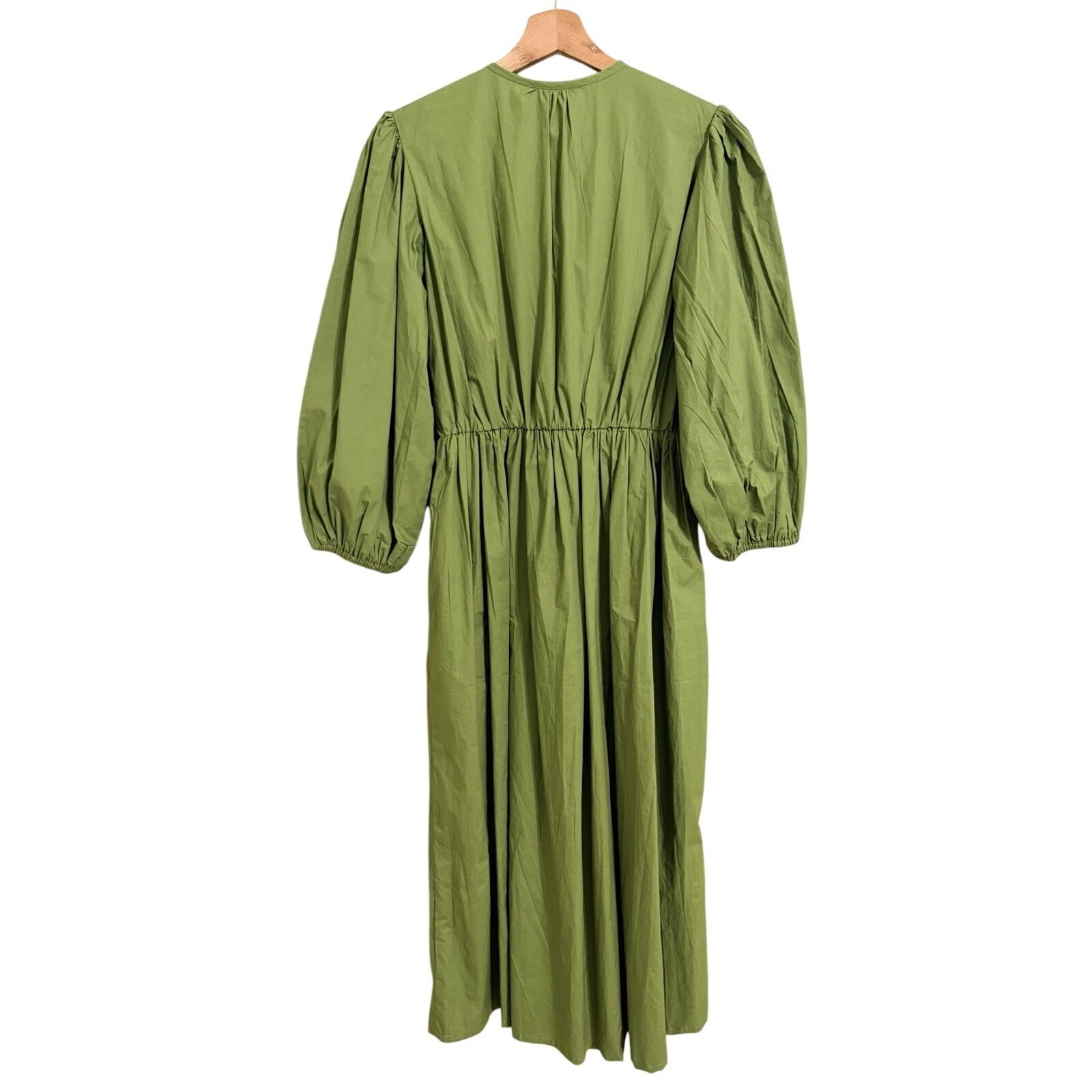 Mille Resort & Travel Saffron Midi Dress M Women Green Olive Puff Sleeve Cotton