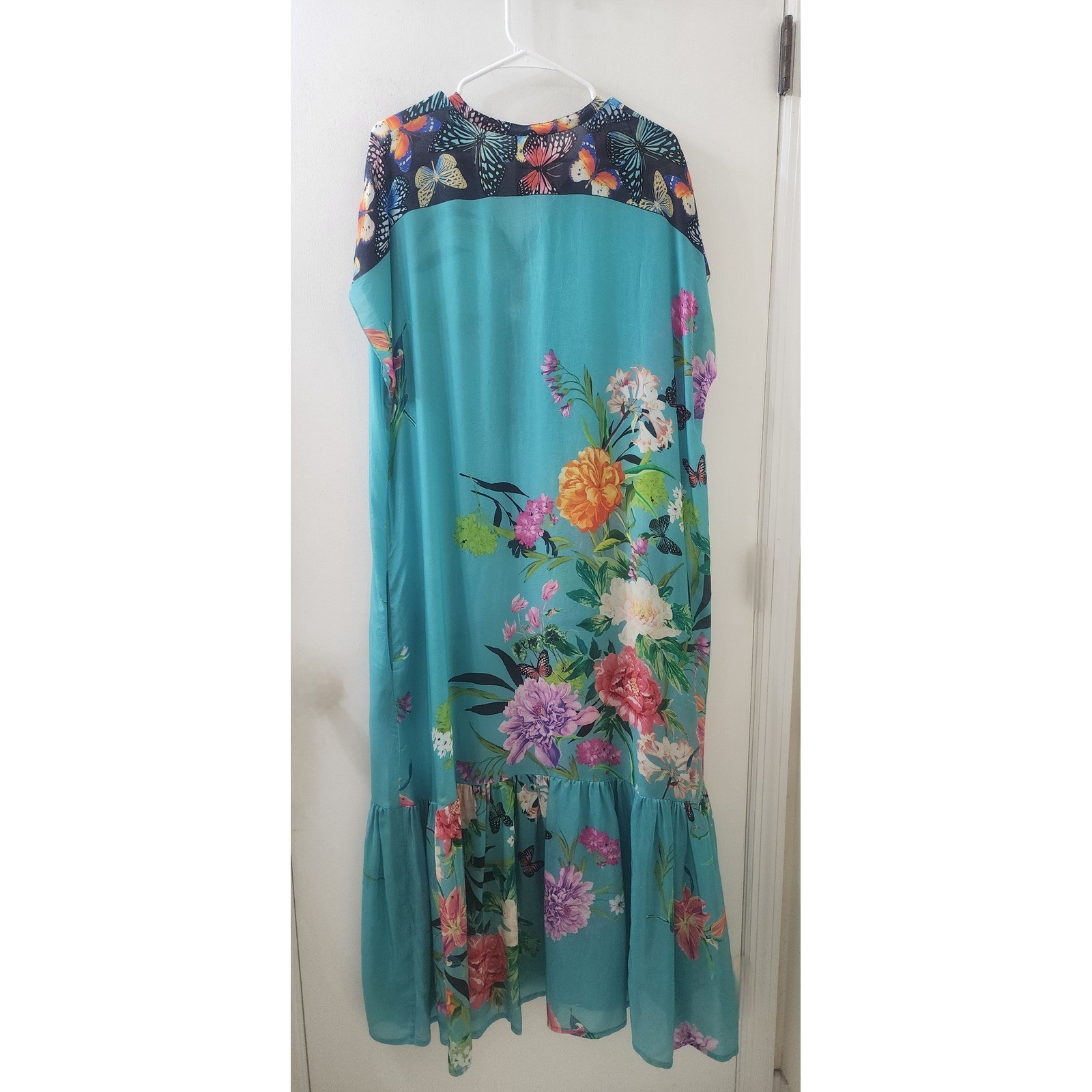 Johnny Was Turquoise Floral Butterfly Cupra Rayon Maxi Dress XL C31222A-4 Boho
