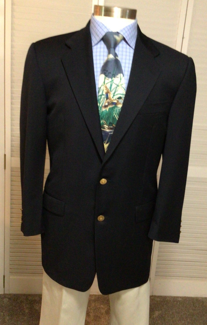 HICKEY FREEMAN MENS DARK BLUE GOLD BUTTON WOOL CASHMERE SPORT COAT BLAZER 39R