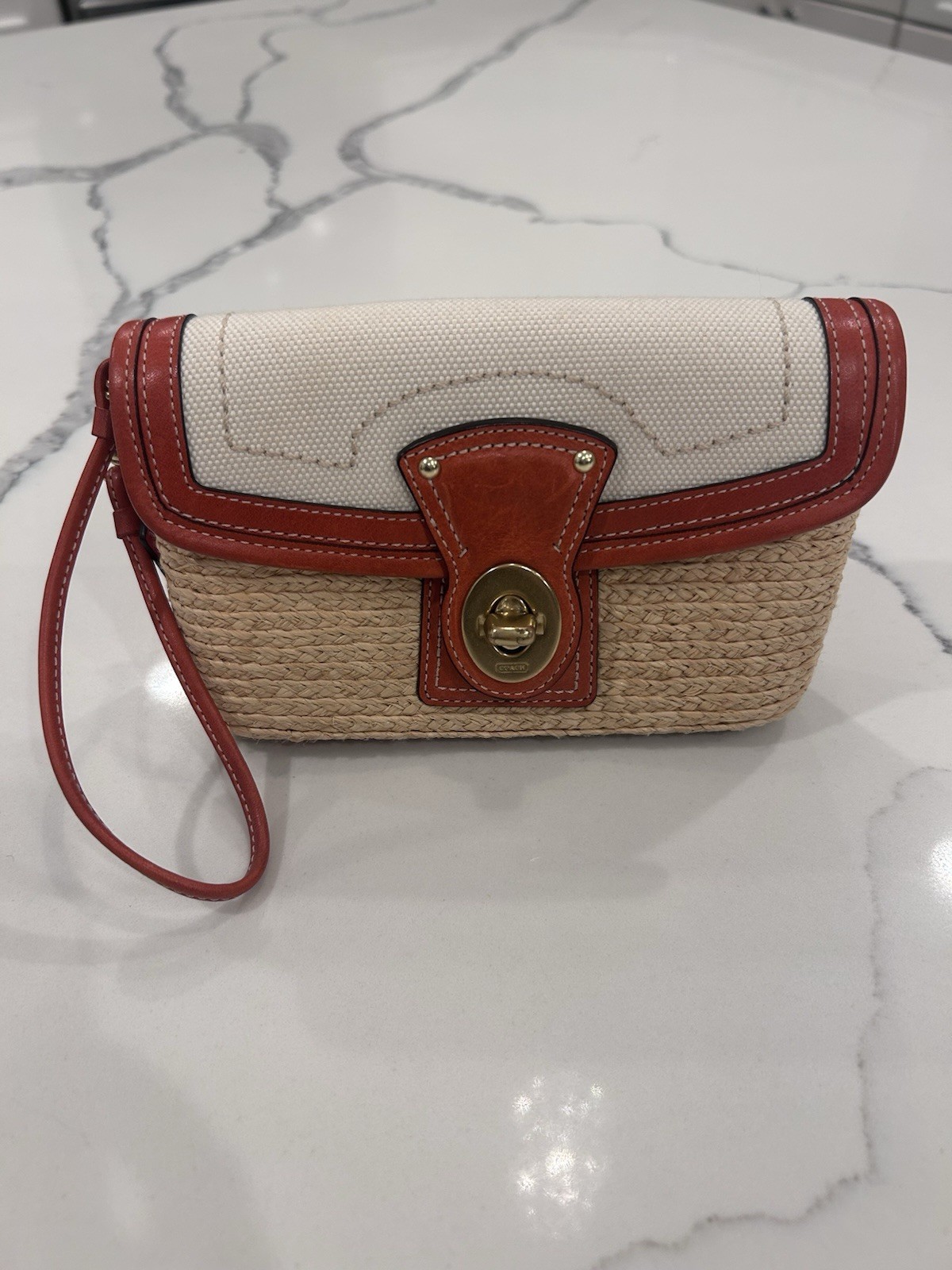Coach Wristlet Clutch Turn Lock Lined Pockets Beige Brown Gold Reddish Orange