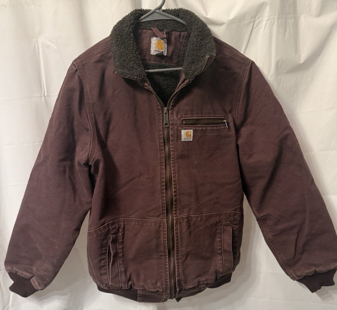 Carhartt Jacket Womens L 12/14 Maroon Wildwood Sherpa Lined Workwear 46″ chest