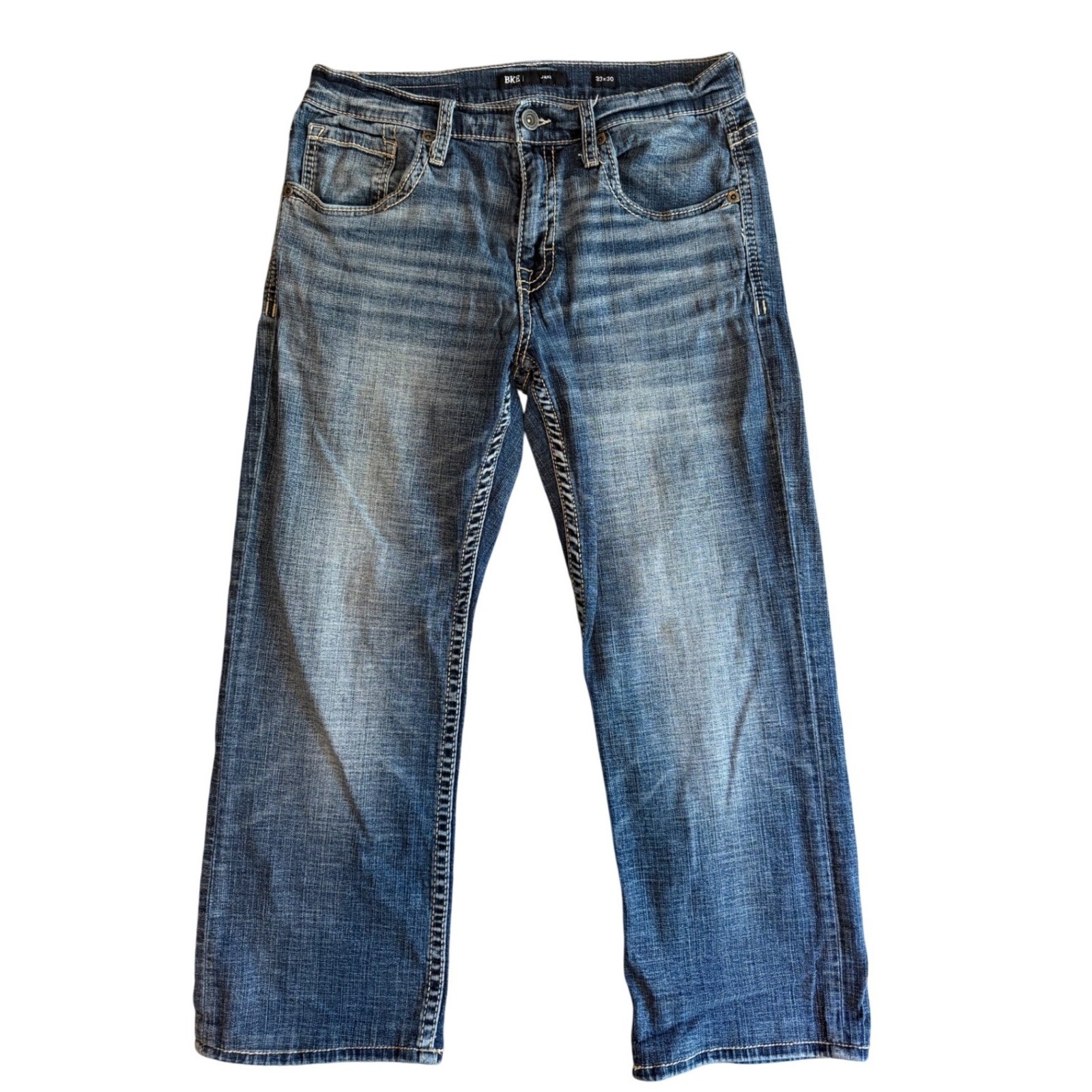 BKE Jake Mens Straight Leg Jeans 33×30 Medium Wash Blue Denim Embroidered Pocket