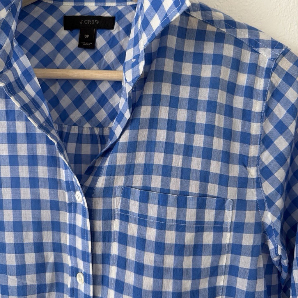 J.CREW Blue/White Gingham Collared Tie-Front Long Sleeve Blouse Womens 0P