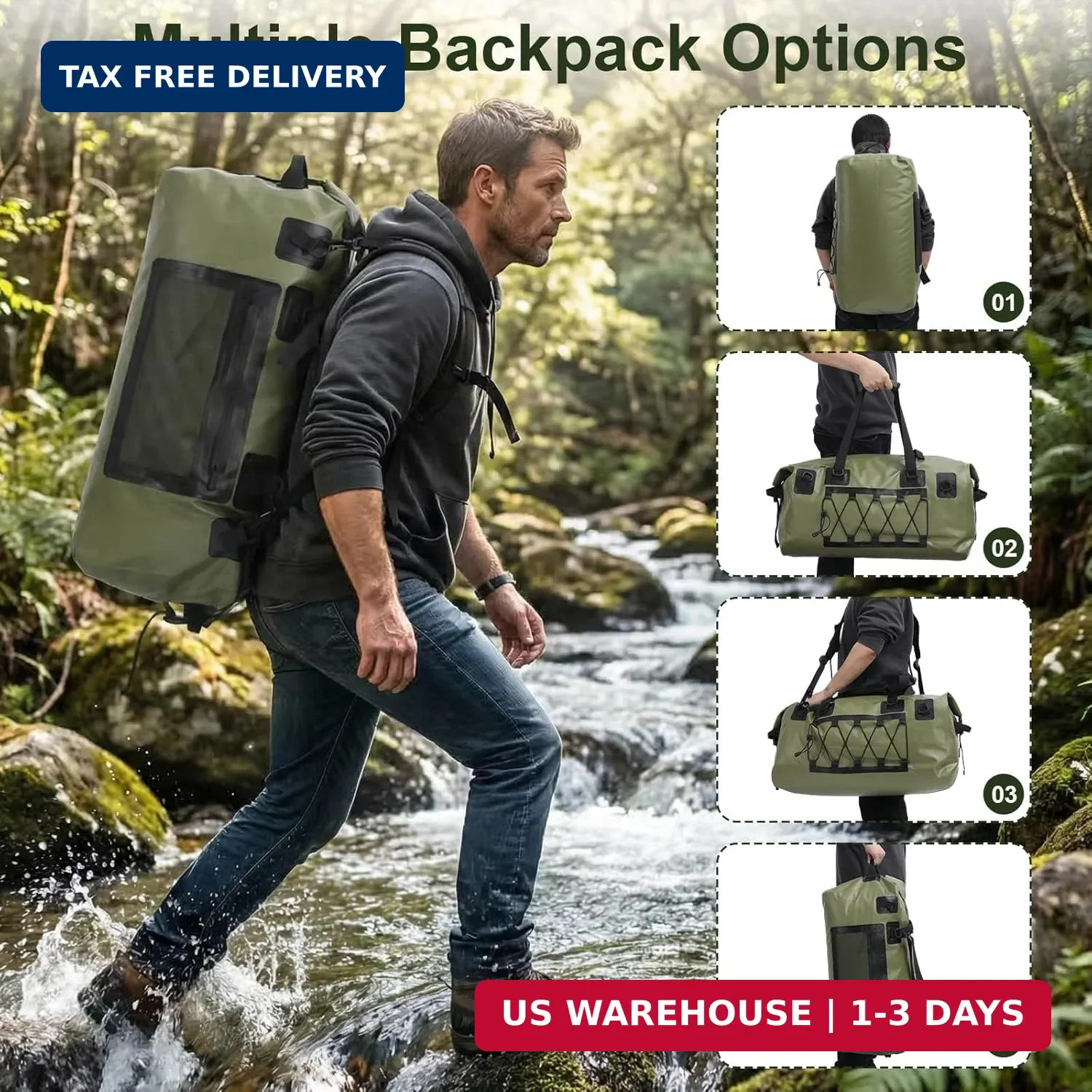 Waterproof Duffel Bag, 70L Large Motorcycle Dry Backpack, Heavy-Duty Roll Top Wa