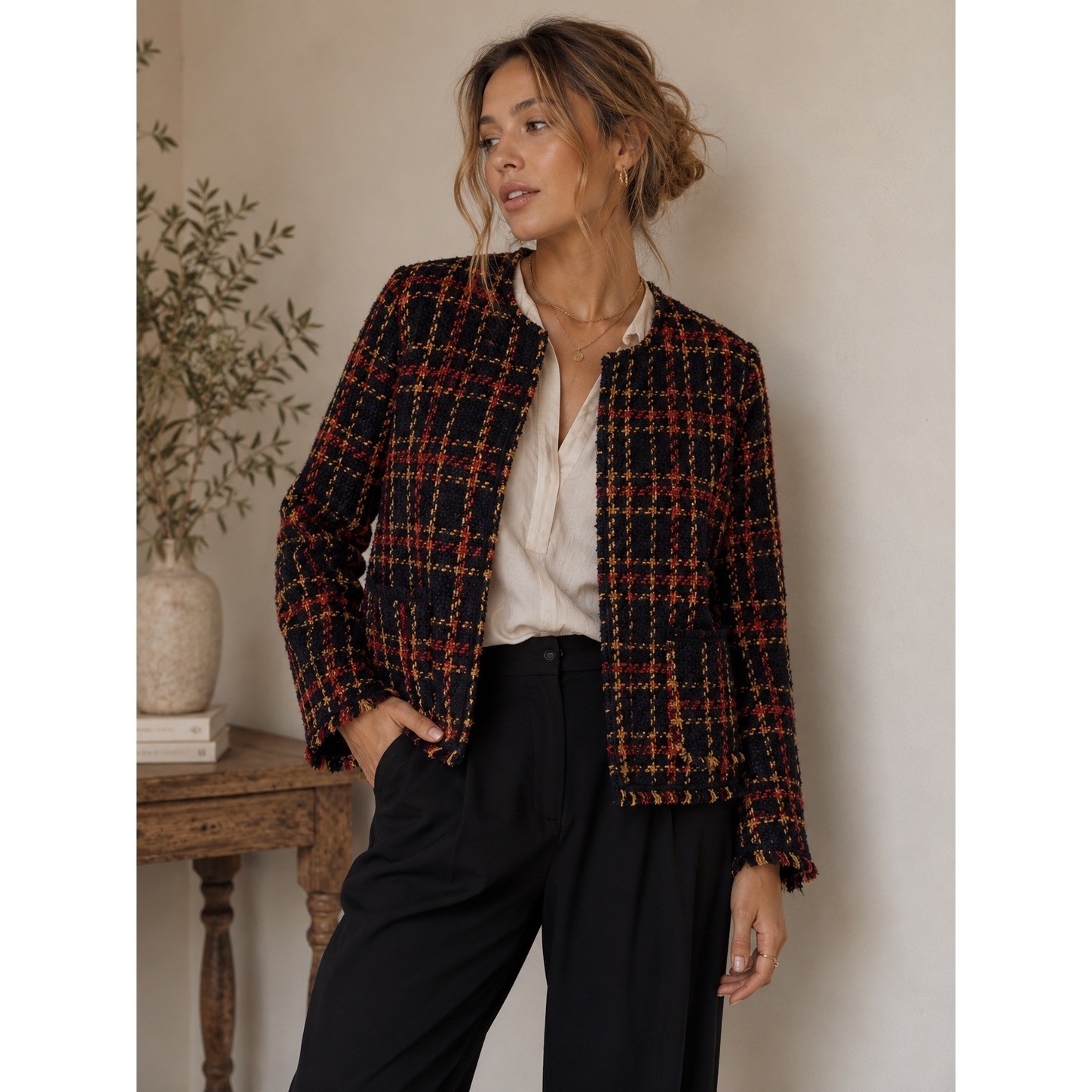 A New Day Womens 1XL Tweed Plaid Jacket Navy Red Orange Open Front Blazer