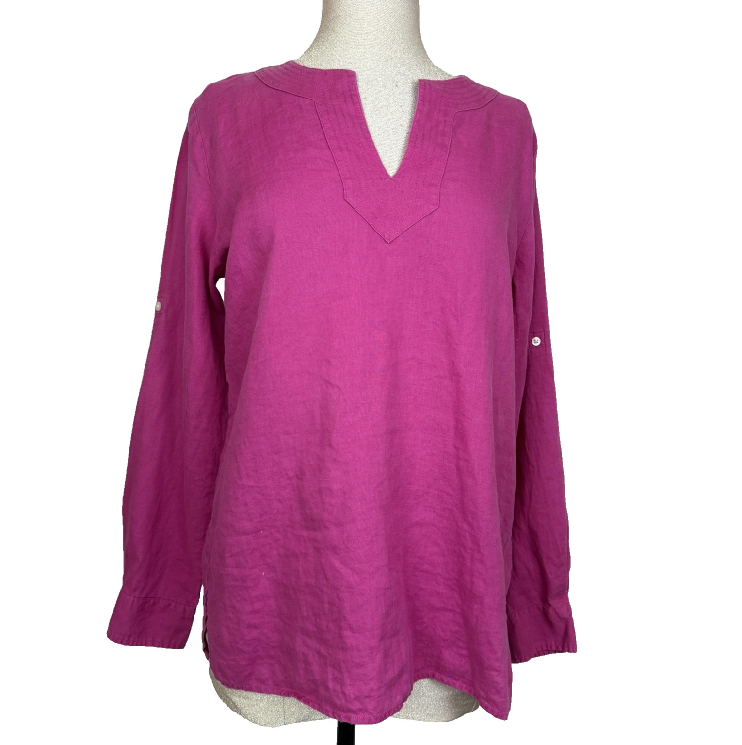 Lauren Ralph Lauren Shirt Womens L Pink Linen Split Neck Tunic Top Boho Resort
