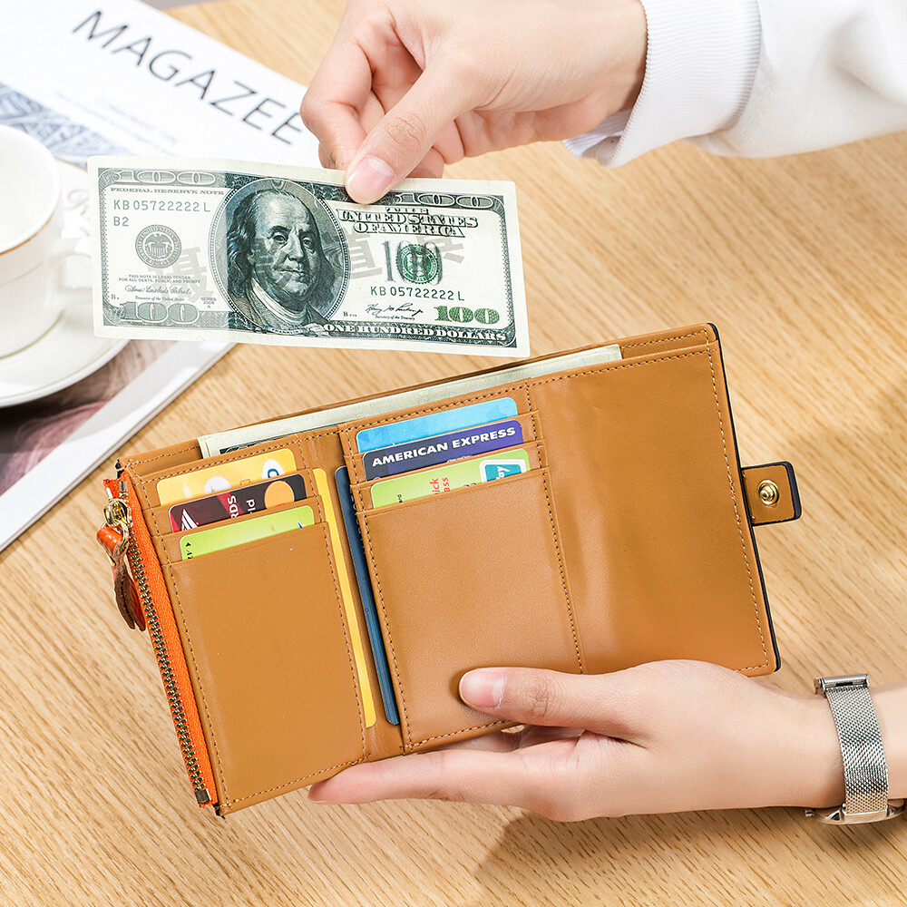Women Trifold RFID Blocking Leather Clutch Wallet Hasp Card Holder Mini Handbag