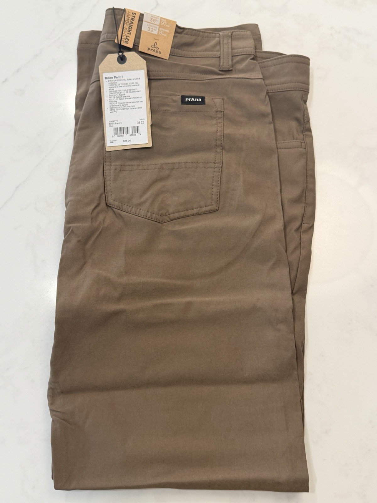 prAna Brion II Men’s ReZion Stretch Straight Leg Pants Mud 38”x32” – NWT