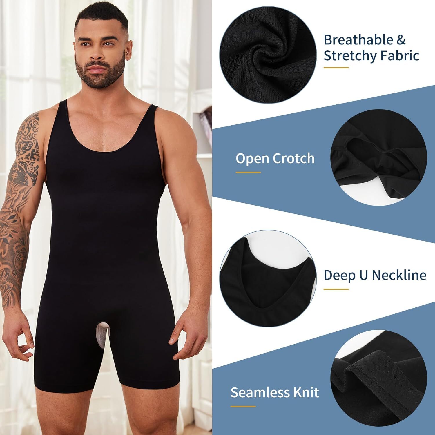 Men’s Full Body Shaper Slimming Compression Bodysuit Thigh Slimmer Shapewear