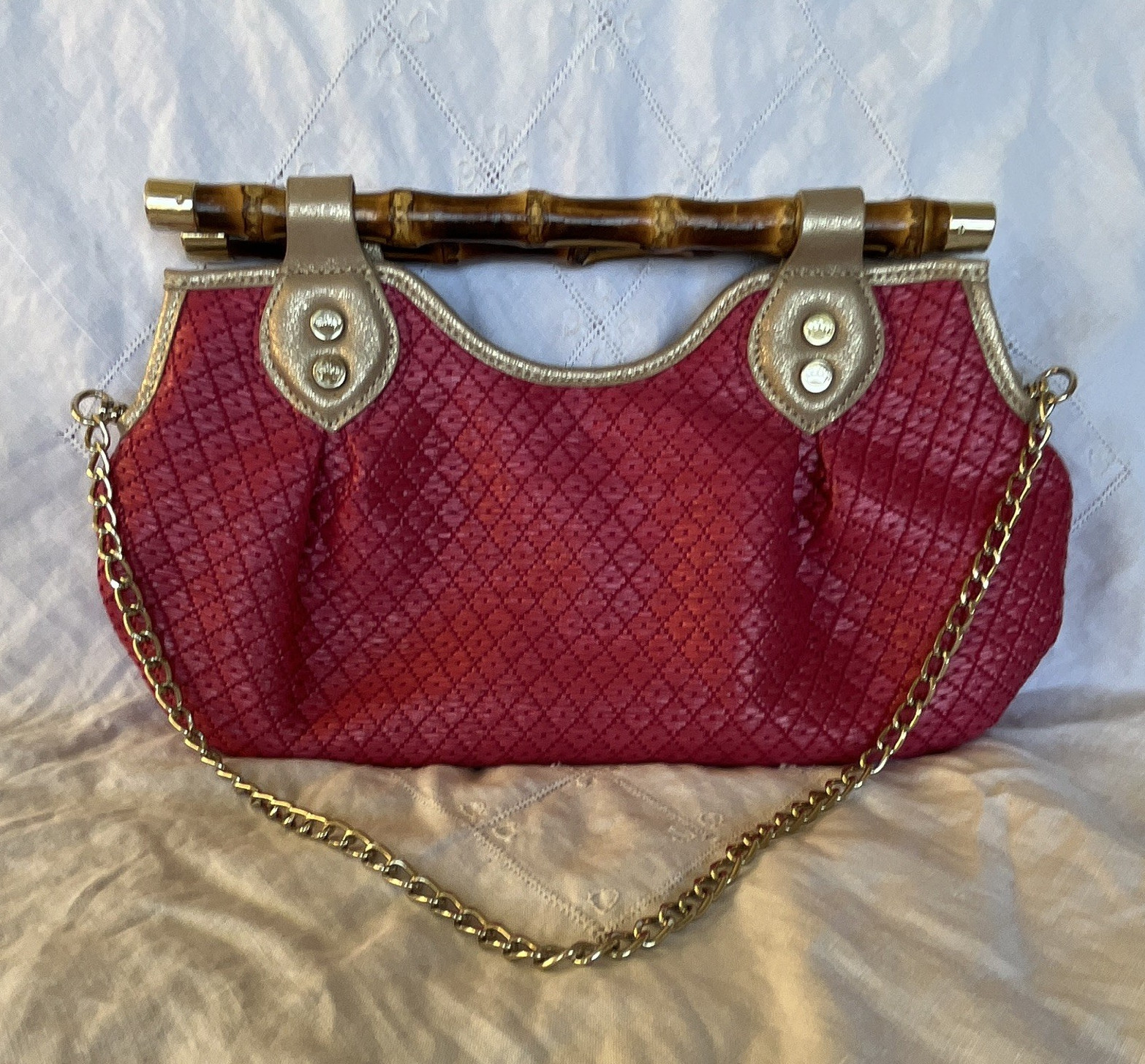 Elaine Turner Pink Woven Pattern Bamboo Top Handle Bag Gold Chain Strap Pouch