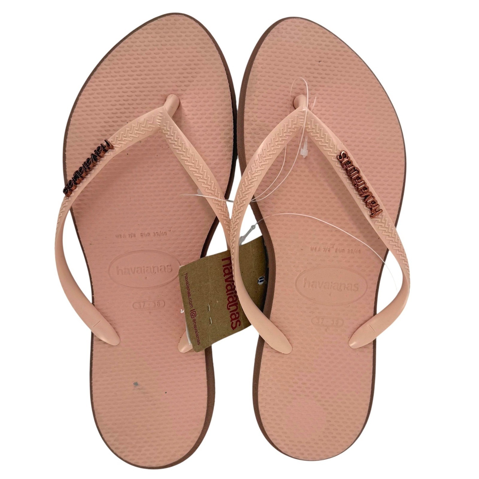 Havaianas Slim Logo Metallic Flip Flops Rose Gold Nude Sandals Womens 7/8 NEW
