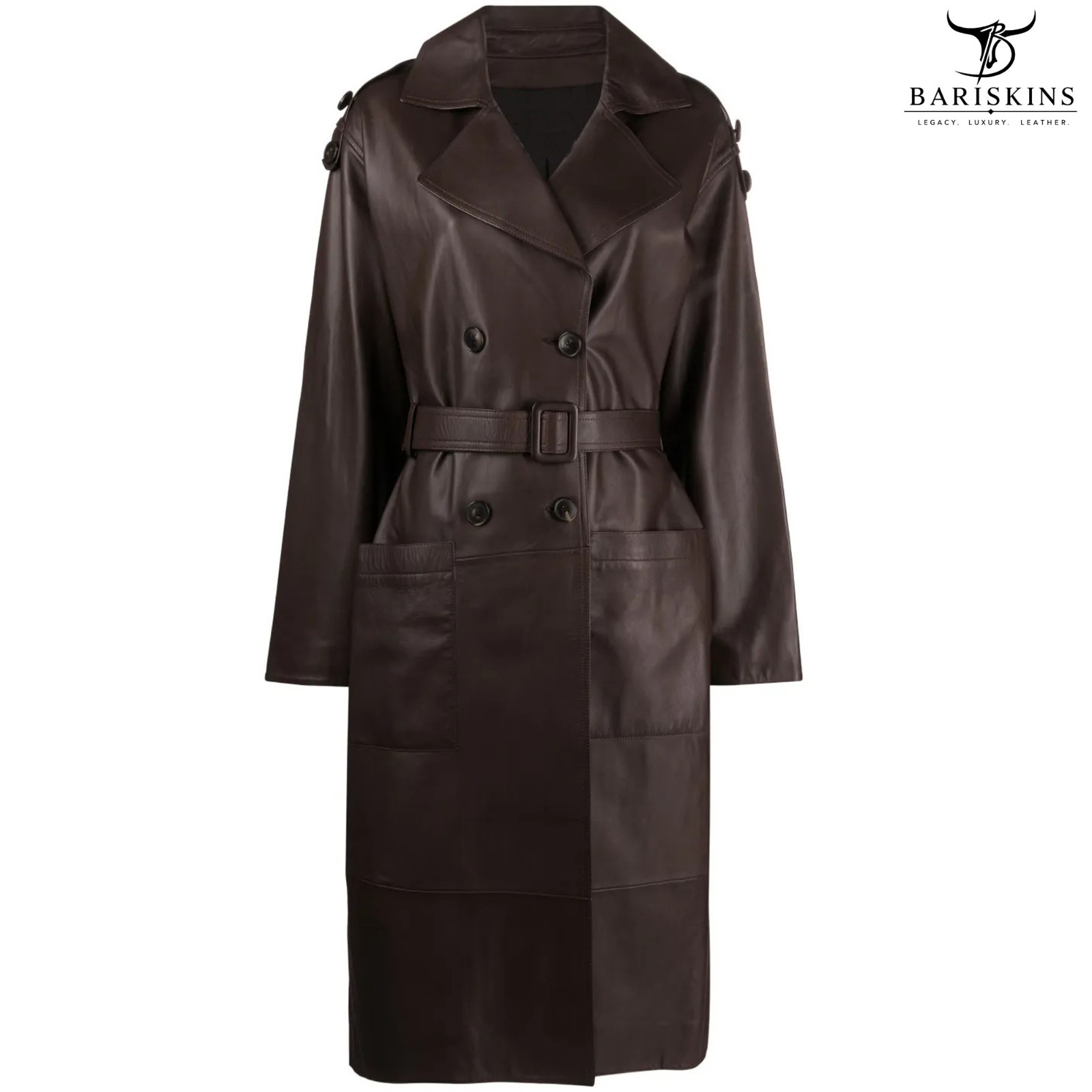 Womens Genuine Leather Trench Coat Dark Brown Long Fit Belted Double Breasted