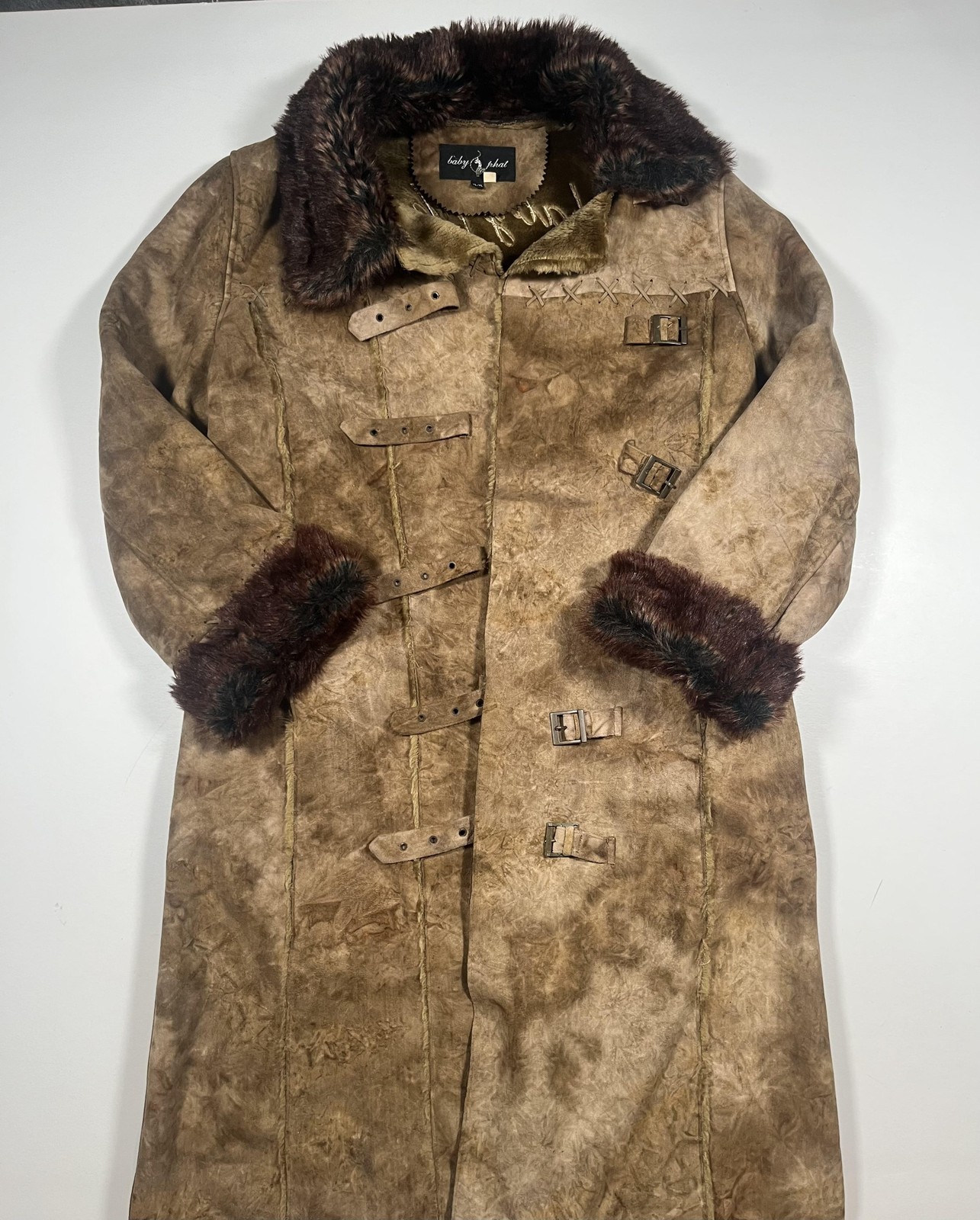 Baby Phat Coat Womens XL Brown Faux Shearling Fur Trim Buckle Long Logo