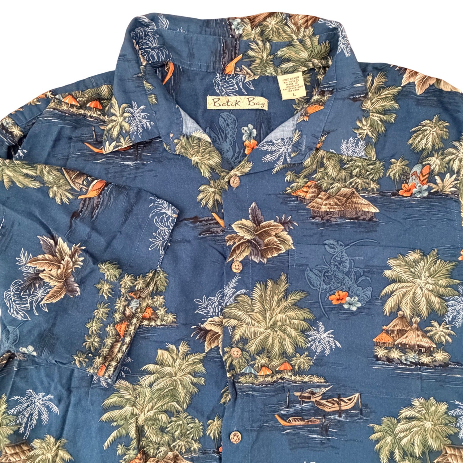 Batik Bay Hawaiian Shirt Mens Large Blue Tropical Island Rayon Button Down Beach