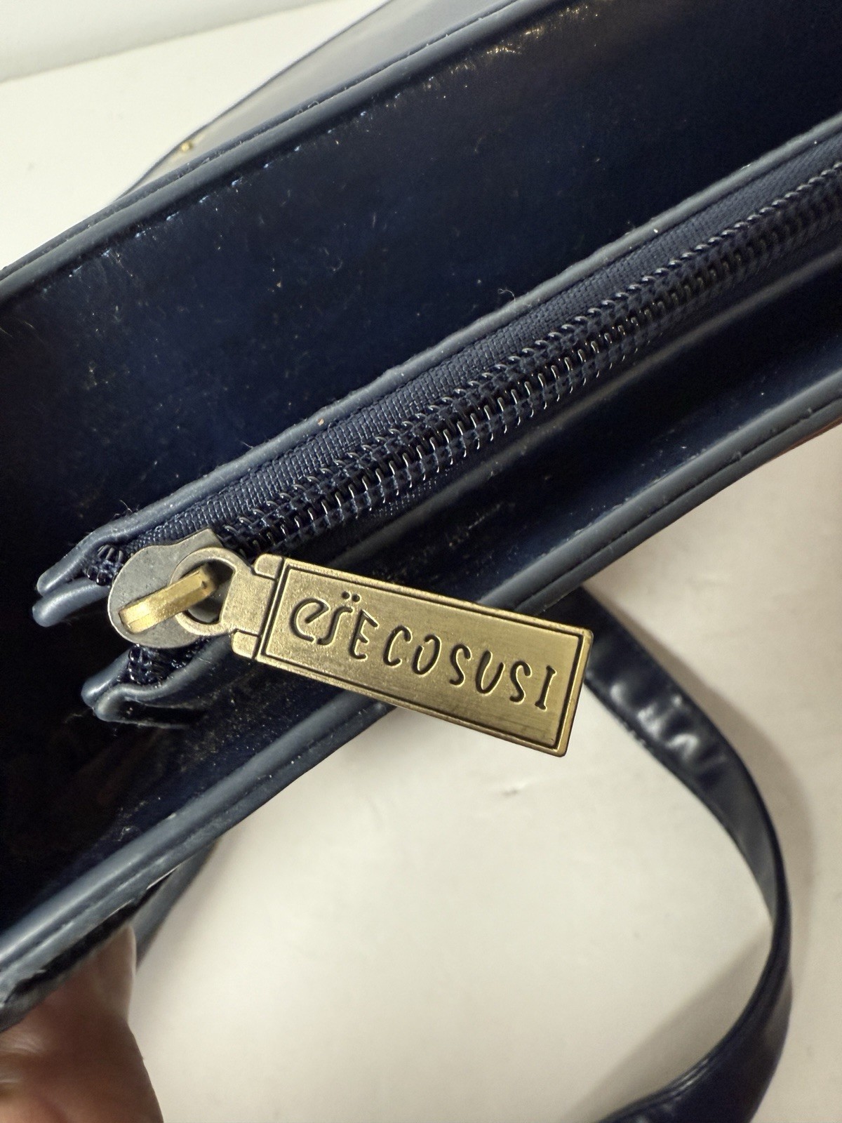 Ecosusi Faux Leather 2 Tone Dark Navy Blue Brown Messenger Bag with Bow & Handle