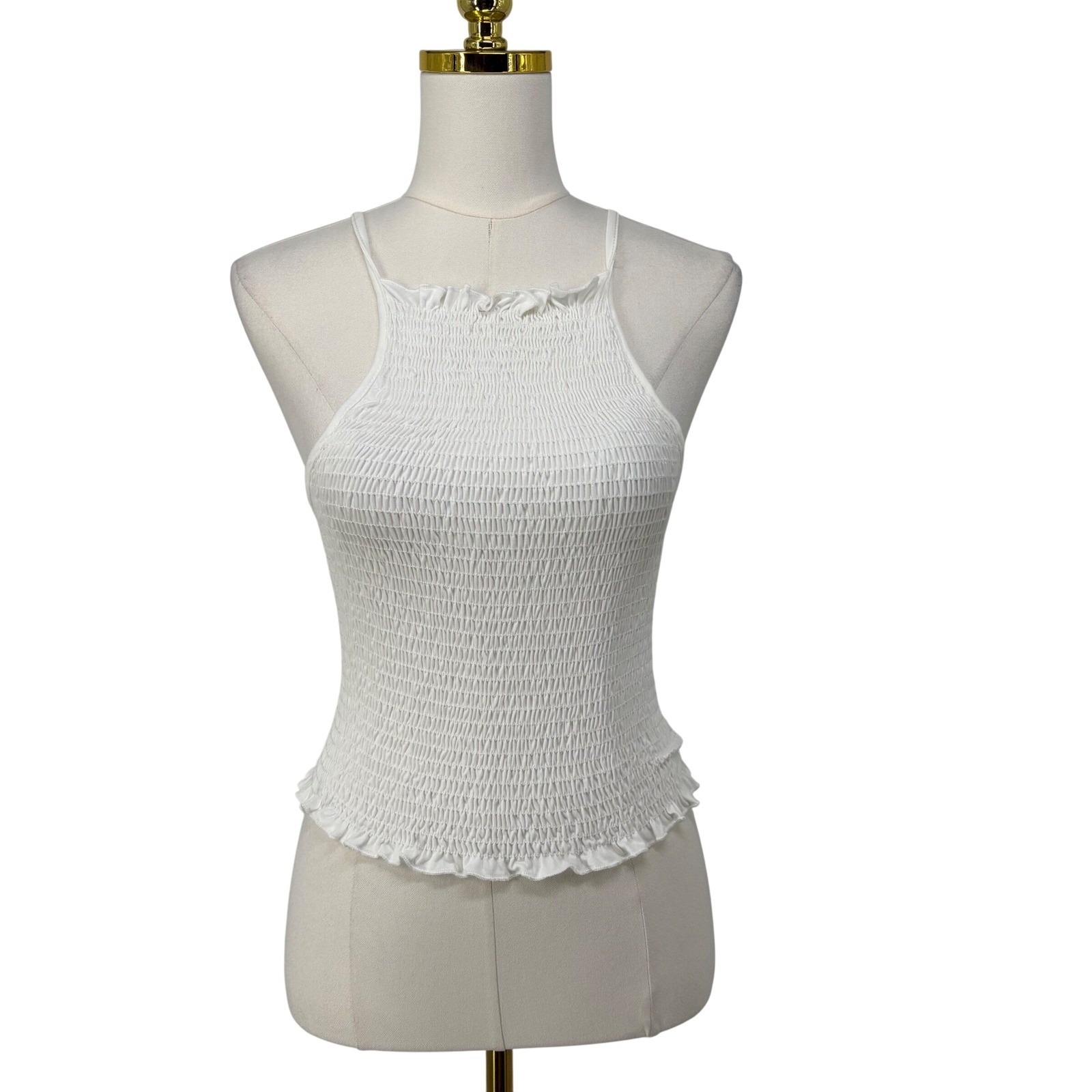 Gaze DTLA Womens White Smocked Ruffle High Neck Tank Top Camisole Size M NEW