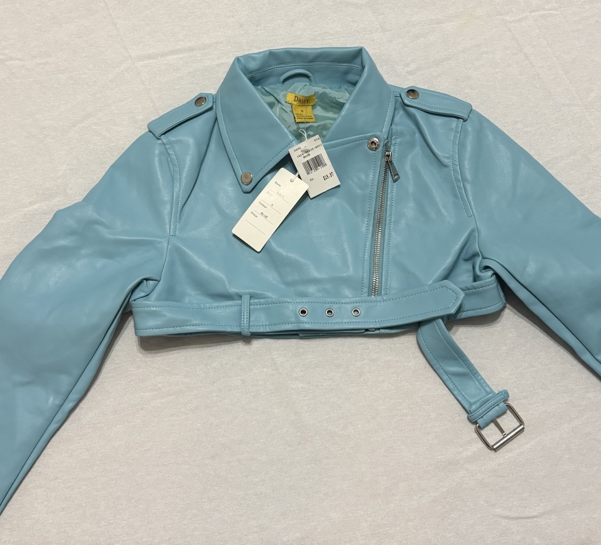 Daisy Blue Cropped Biker Jacket Belted Zipper Epaulette Women’s Size S F18